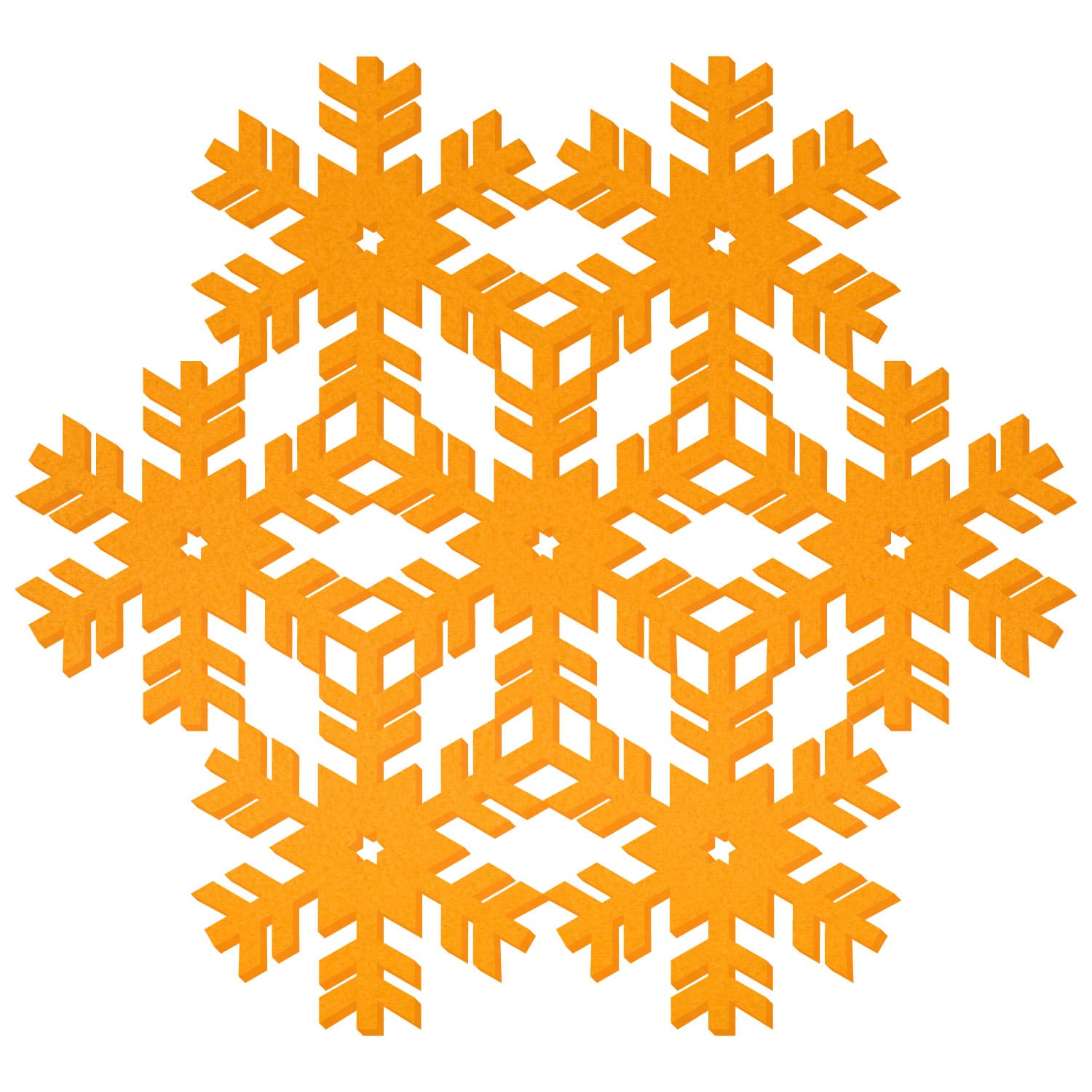 Orangefarbene Filz-Schneeflocke mit symmetrischem Muster aus sechs Zacken und kleinen Stern-Aussparungen im Zentrum, auf weißem Hintergrund