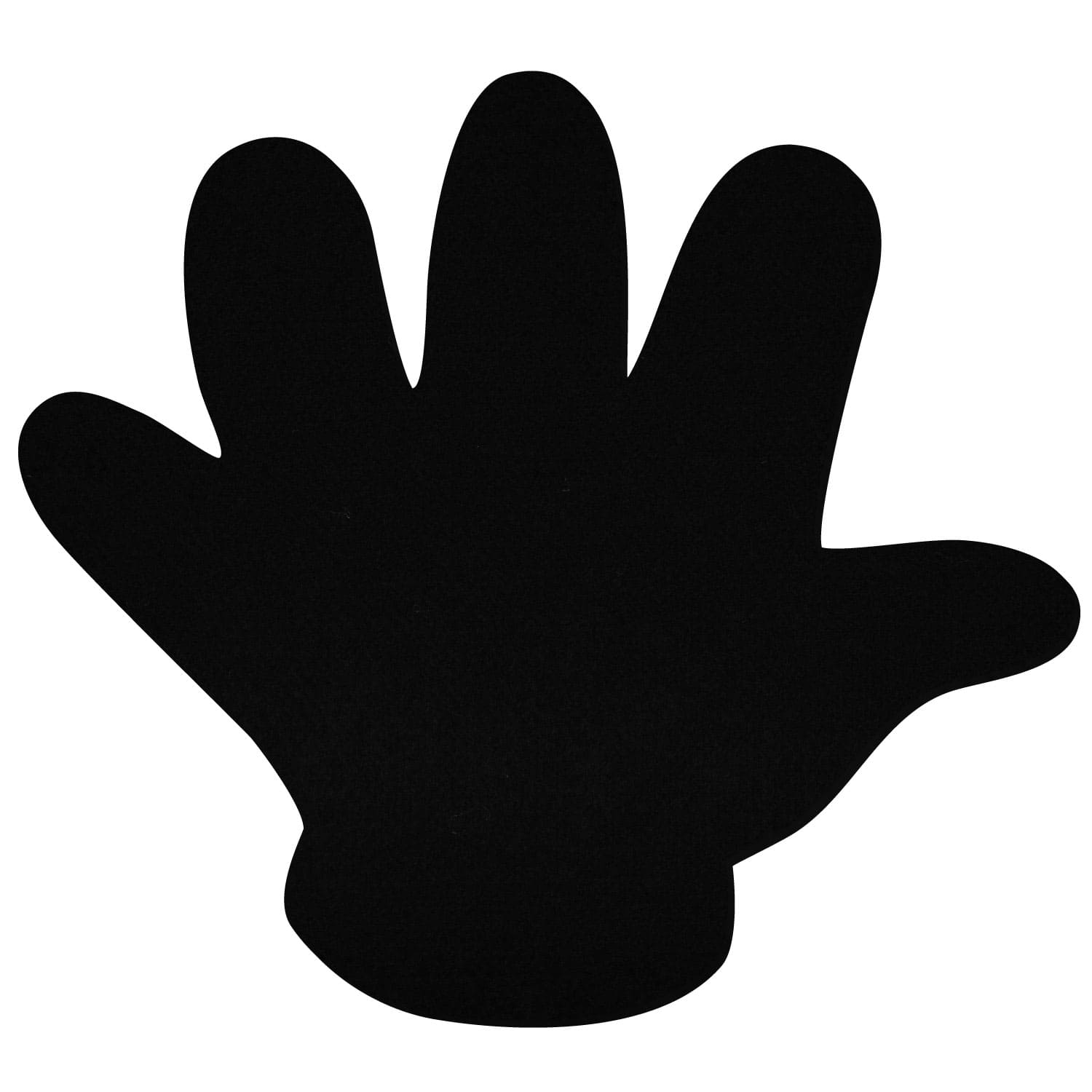 Schwarzes Filztuch in Form einer Babyhand mit gespreizten Fingern auf weißem Hintergrund