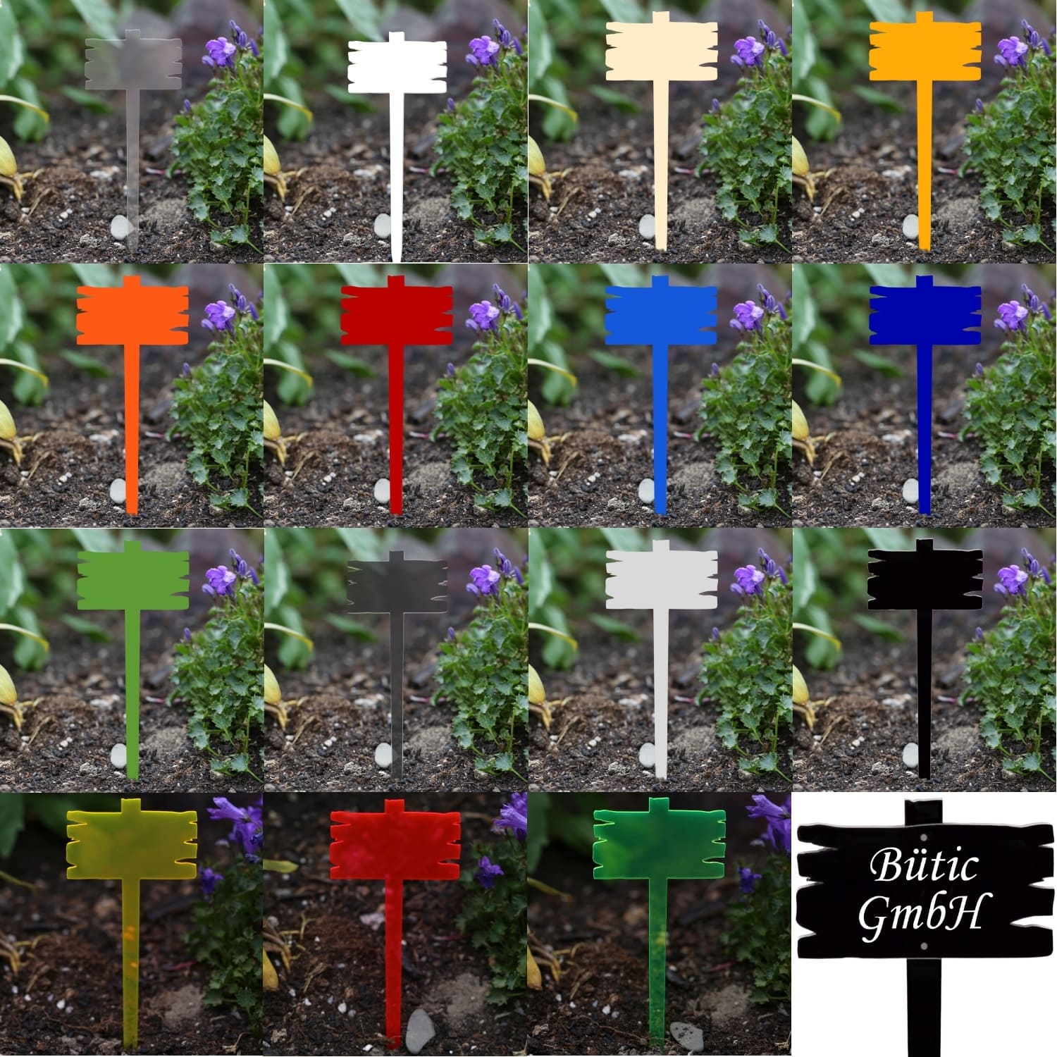 Gartenstecker zum Beschriften in 12 Farben – Acrylglas in Holzbrettoptik, im Boden gesteckt vor Blumen und Erde