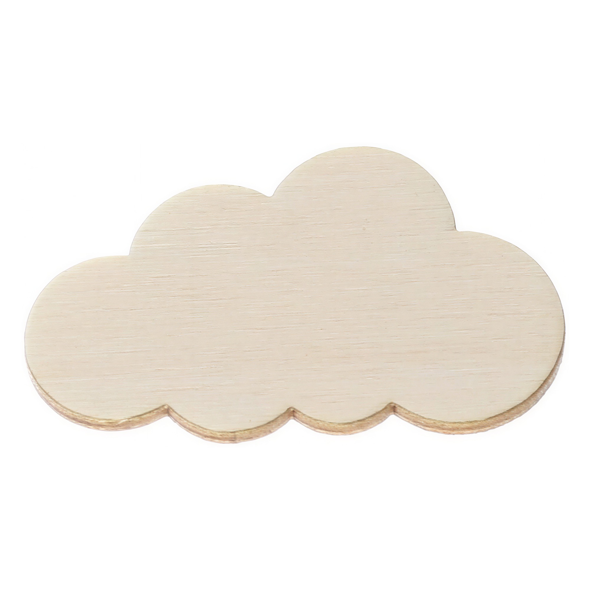 Unbehandelte Holzwolke in geschwungener Wolkenform mit sichtbarer Holzmaserung auf weißem Hintergrund