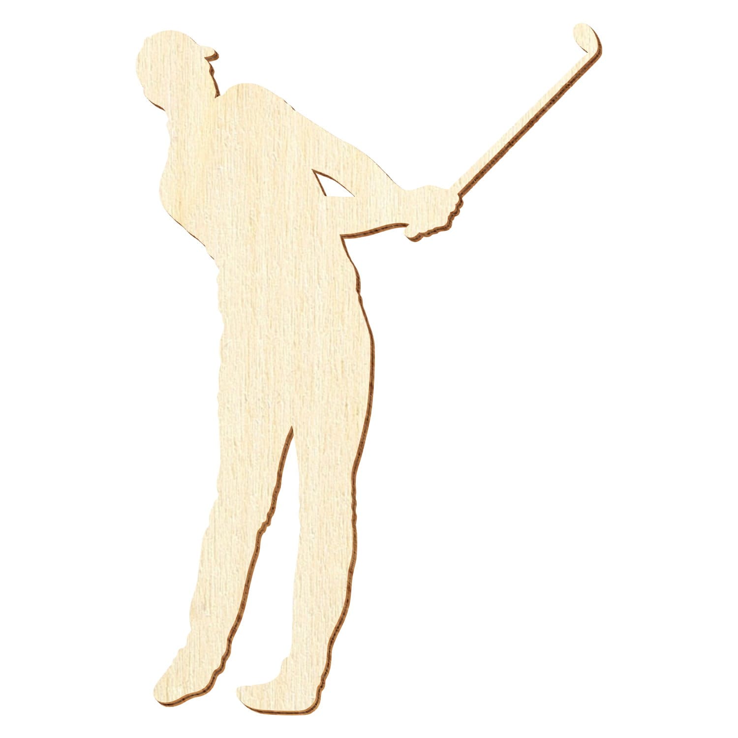 Helles Holz-Rohling in Form einer Golfer-Silhouette mit ausgeführtem Schwung und Golfschläger, freigestellt auf weißem Hintergrund.