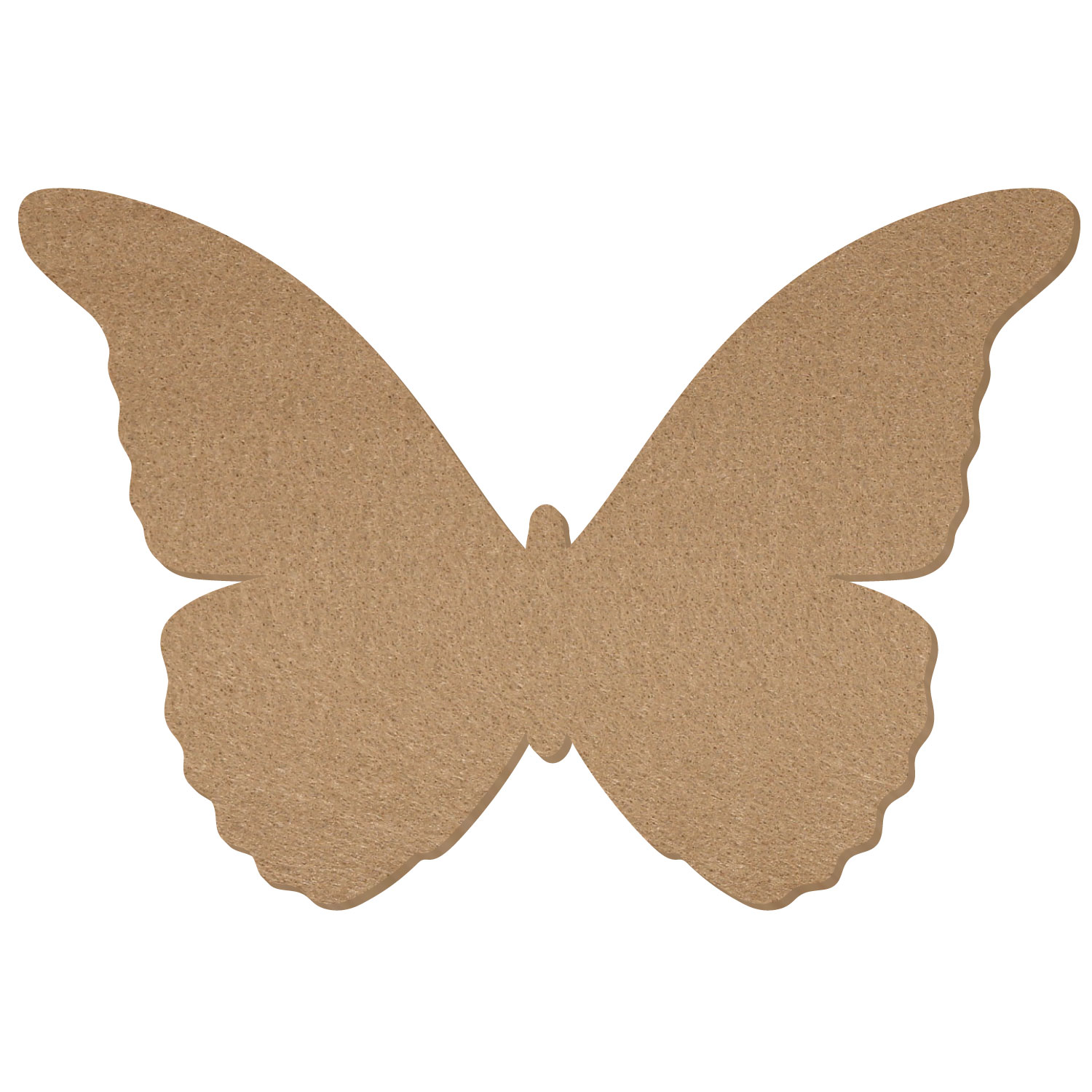 Schmetterling-Zuschnitt aus hellbraunem Filz mit geschwungenen Ober- und gewellten Unterflügeln, flach auf weißem Hintergrund