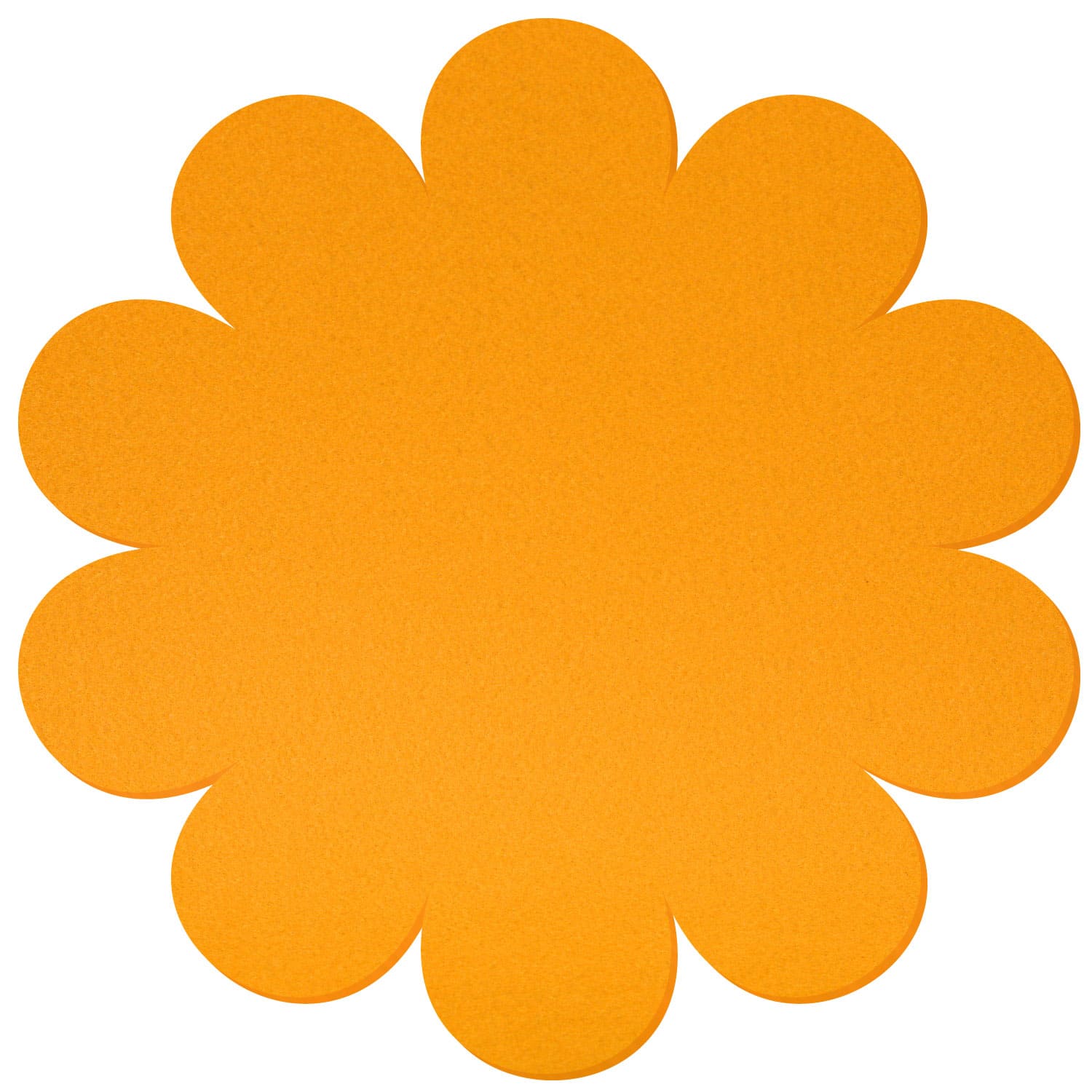 Runder Filz-Untersetzer in Blumenform mit zwölf abgerundeten Blütenblättern in kräftigem Gelb-Orange auf weißem Hintergrund.