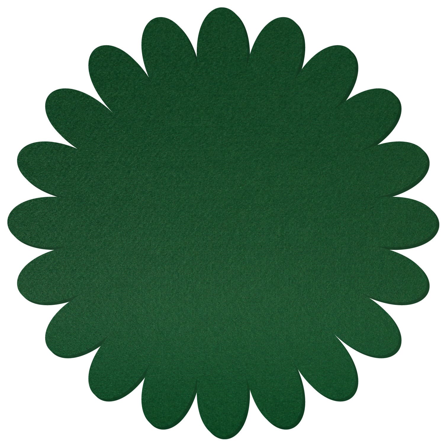 Runder Filz-Untersetzer in Blumenform mit gleichmäßig angeordneten ovalen Blütenblättern am Rand, Farbe Dunkelgrün
