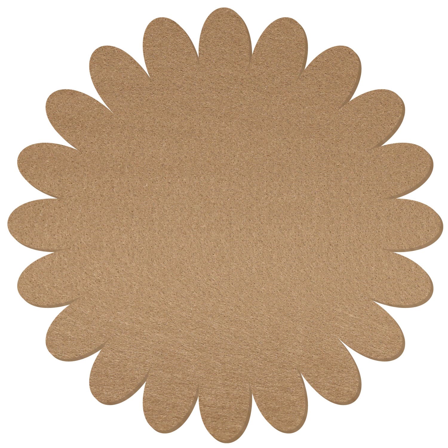 Runder Filz-Untersetzer in Blumenform mit ovalen Blütenblättern, beige-braune Farbe, glatte Oberfläche