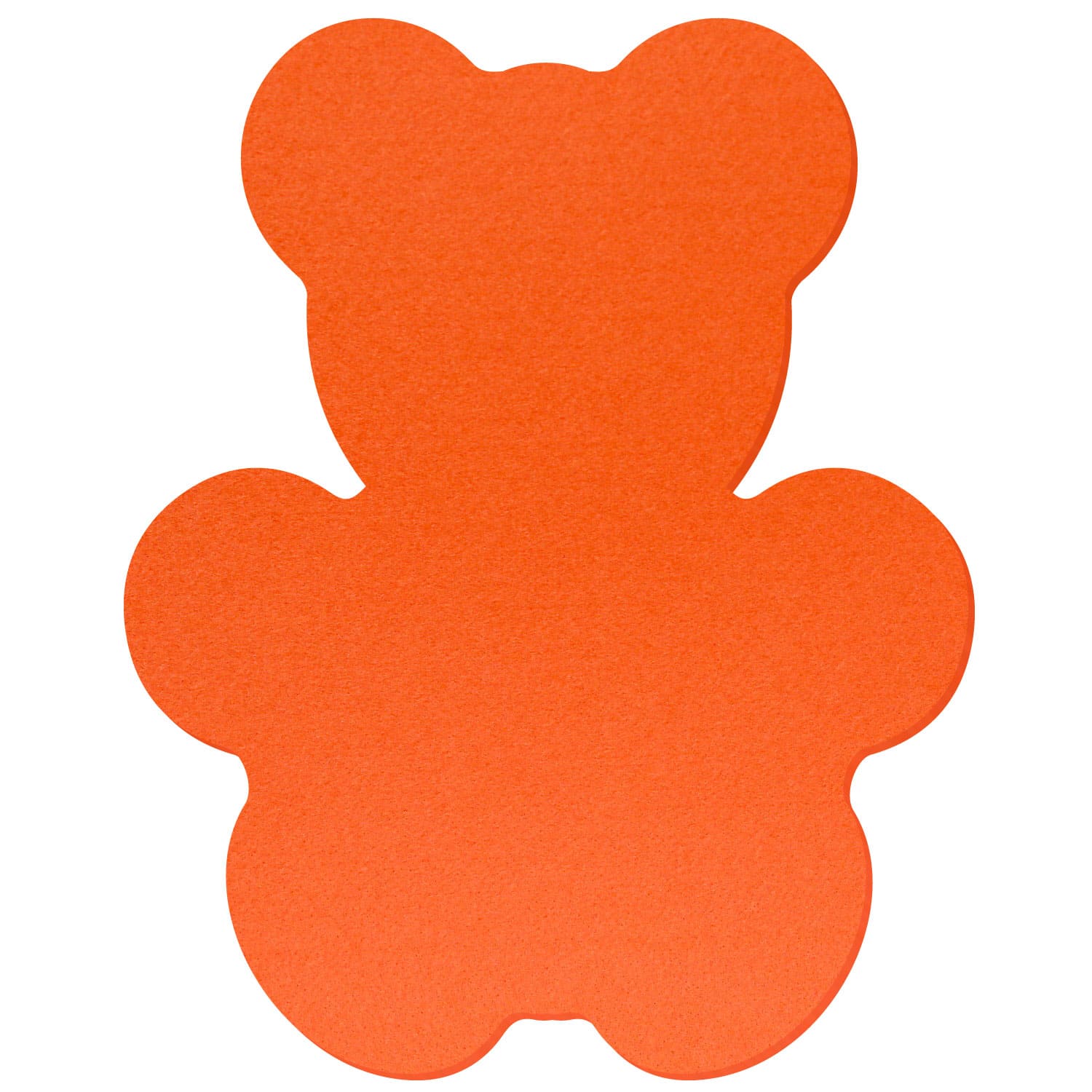 Teddybär-Zuschnitt aus orangefarbenem Filz in Bärensilhouette mit runden Ohren, Armen und Beinen auf weißem Hintergrund