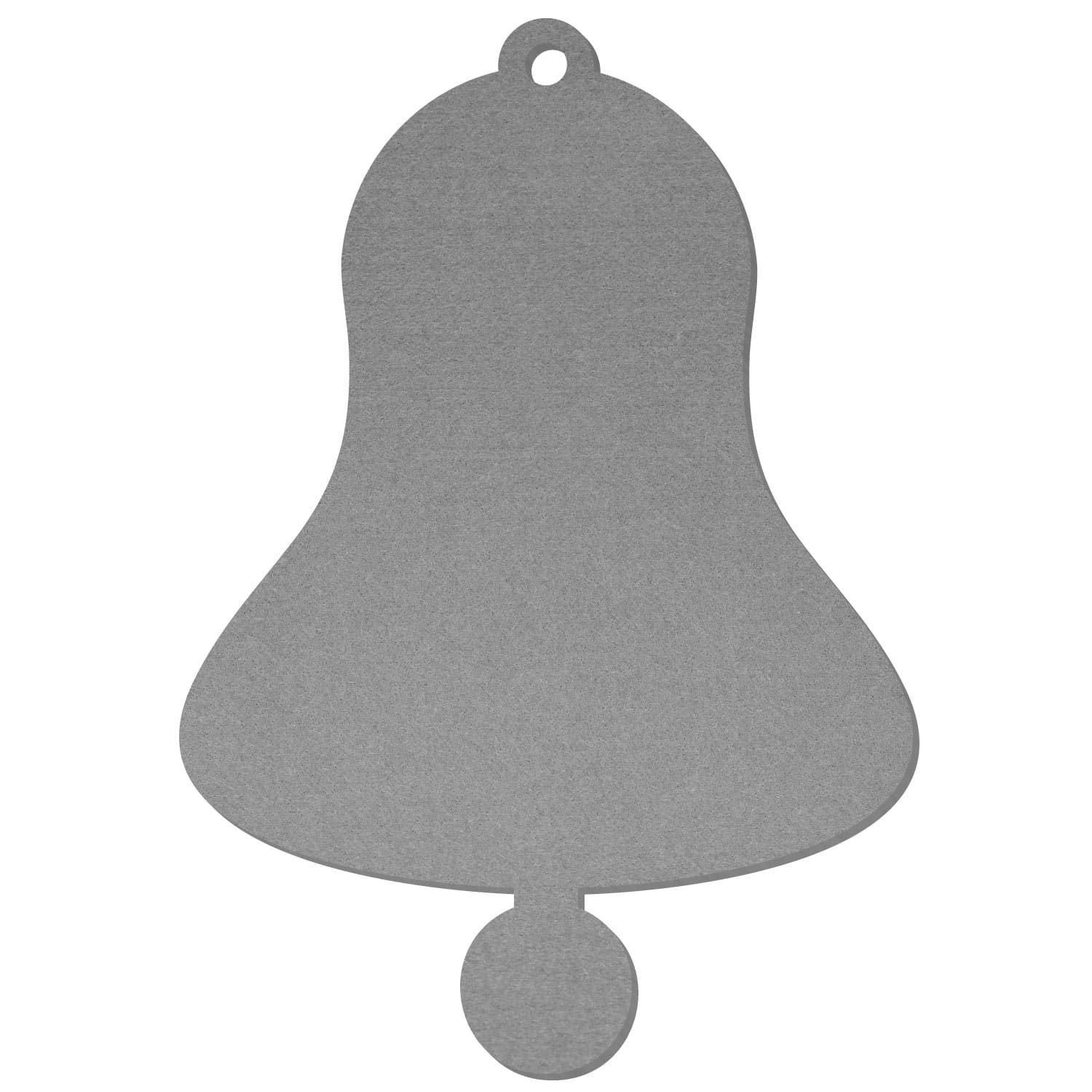 Graue Filz-Glocke in klassischer Glockenform mit kleiner runder Öse oben und rundem Klöppel unten, freigestellt auf weißem Hintergrund