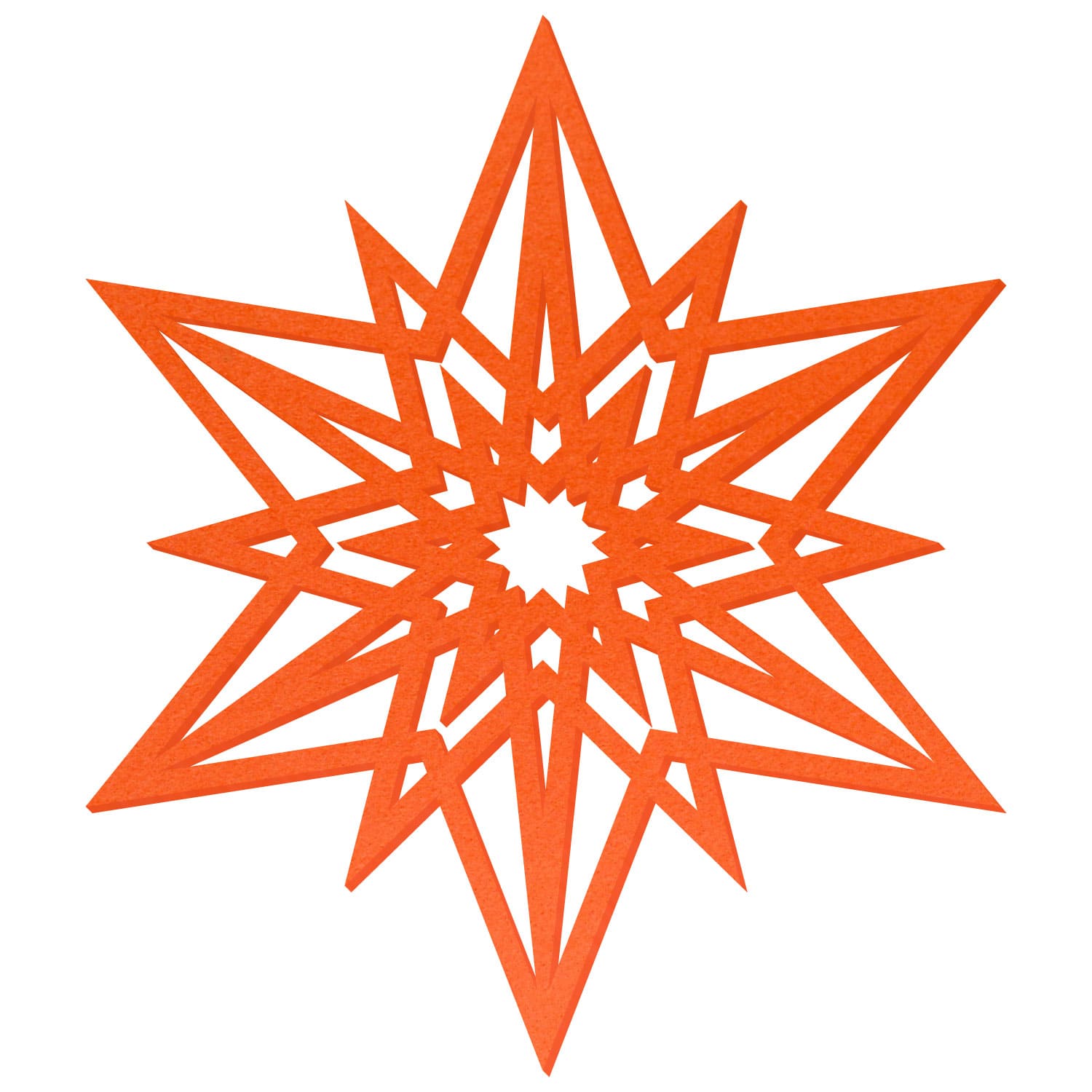 Orangefarbener Filzstern mit acht Zacken und filigran gelaserten, symmetrischen Aussparungen, die ein vielschichtiges Sternmuster mit kleiner offener Mitte bilden.