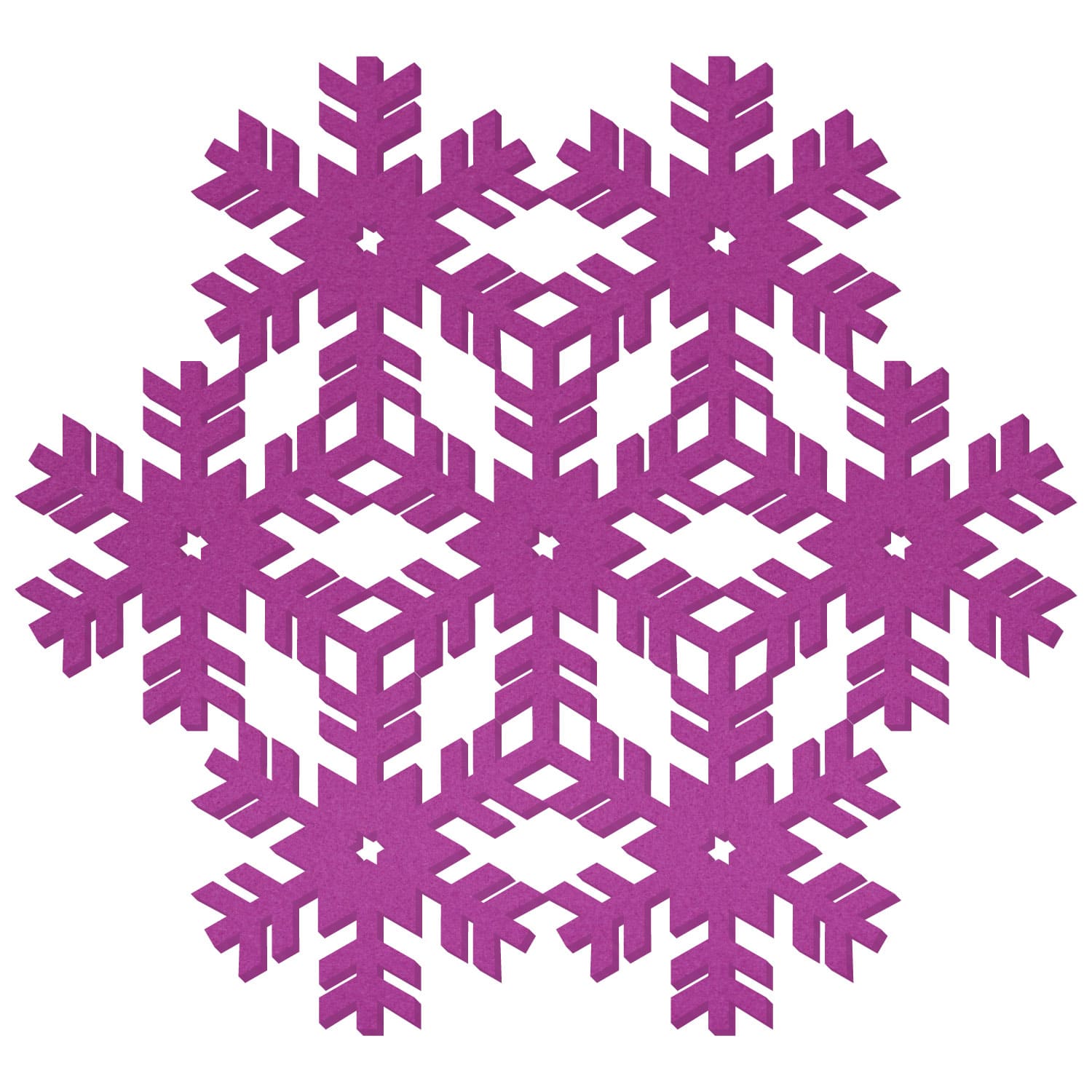 Lila Filz-Schneeflocke mit symmetrischem Kristallmuster und sternförmigen Aussparungen auf weißem Hintergrund