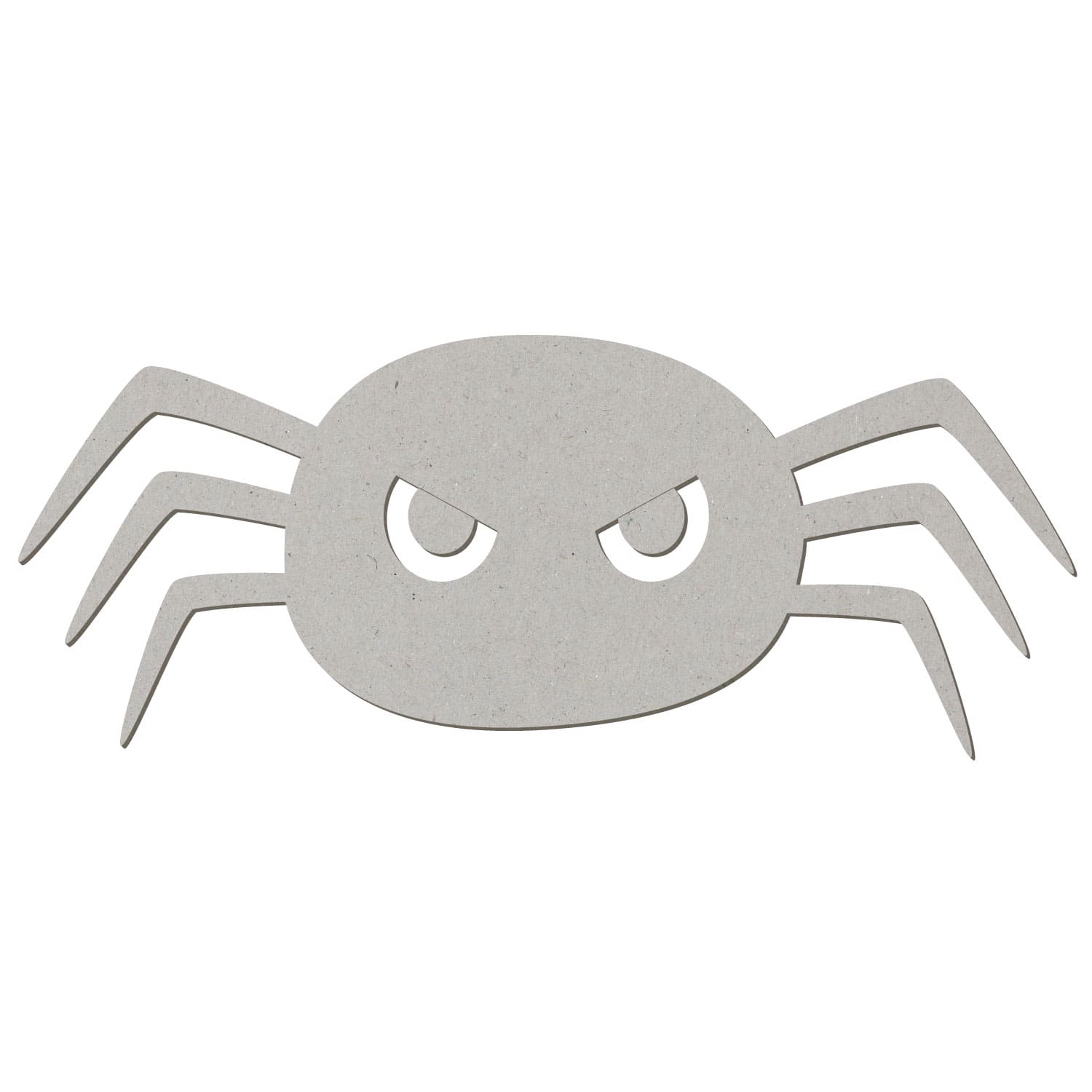 Graue Pappsilhouette einer Halloween-Spinne mit ovalem Körper, ausgestanzten wütenden Augen und vier langen Beinen auf jeder Seite