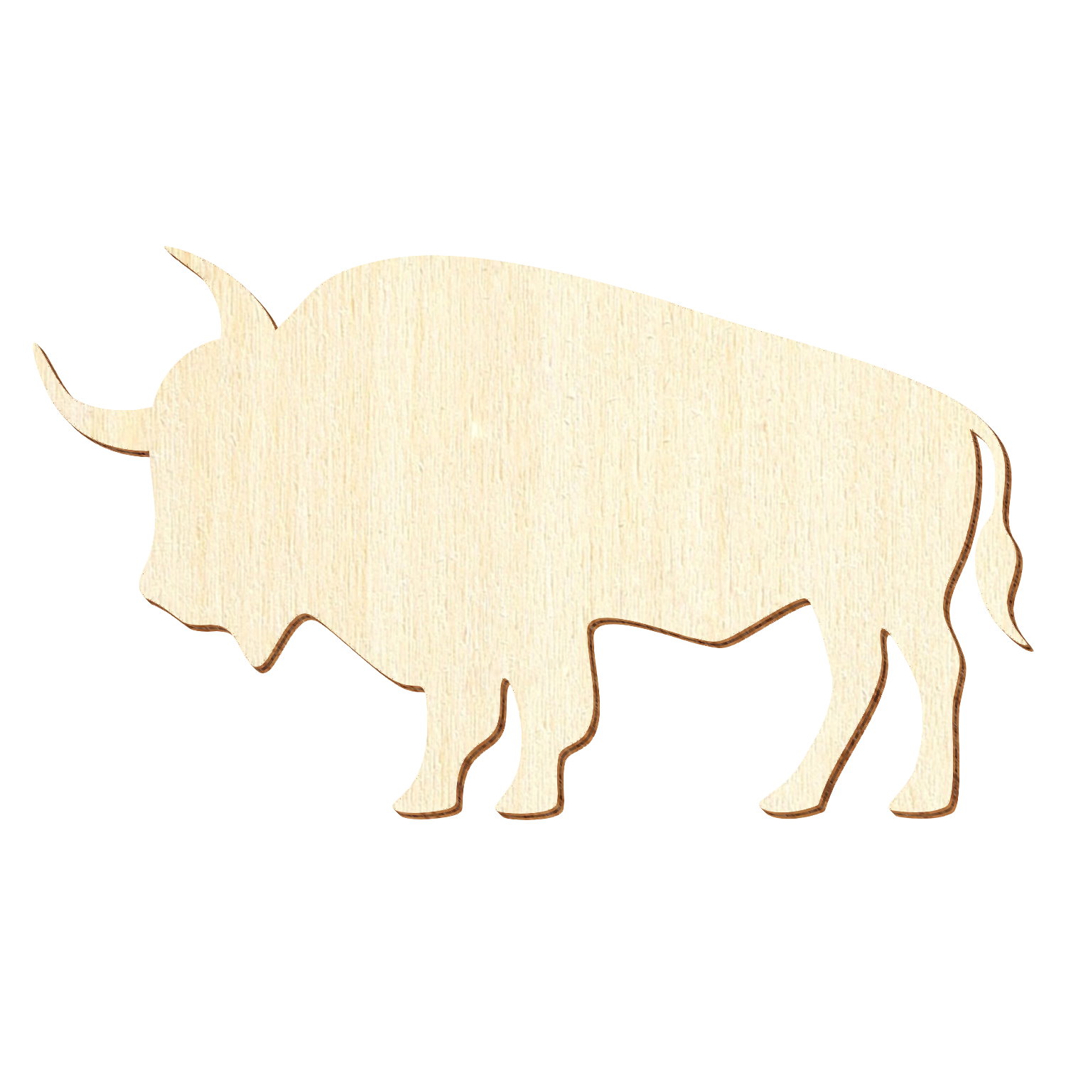 Helle Holz-Büffel-Silhouette mit sichtbarer Maserung, Hörner und vier Beine als Bastelzuschnitt