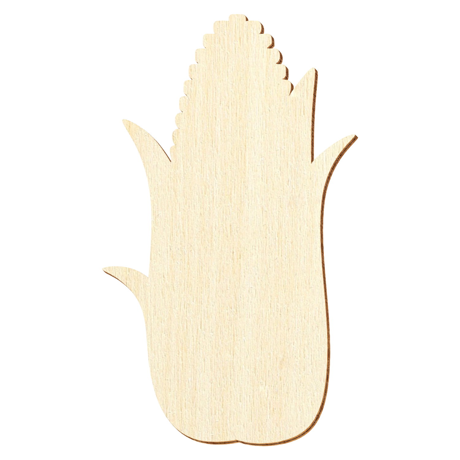 Helle Sperrholz-Silhouette in Maiskolben-Form mit gezackter Oberseite und seitlichen Blättern