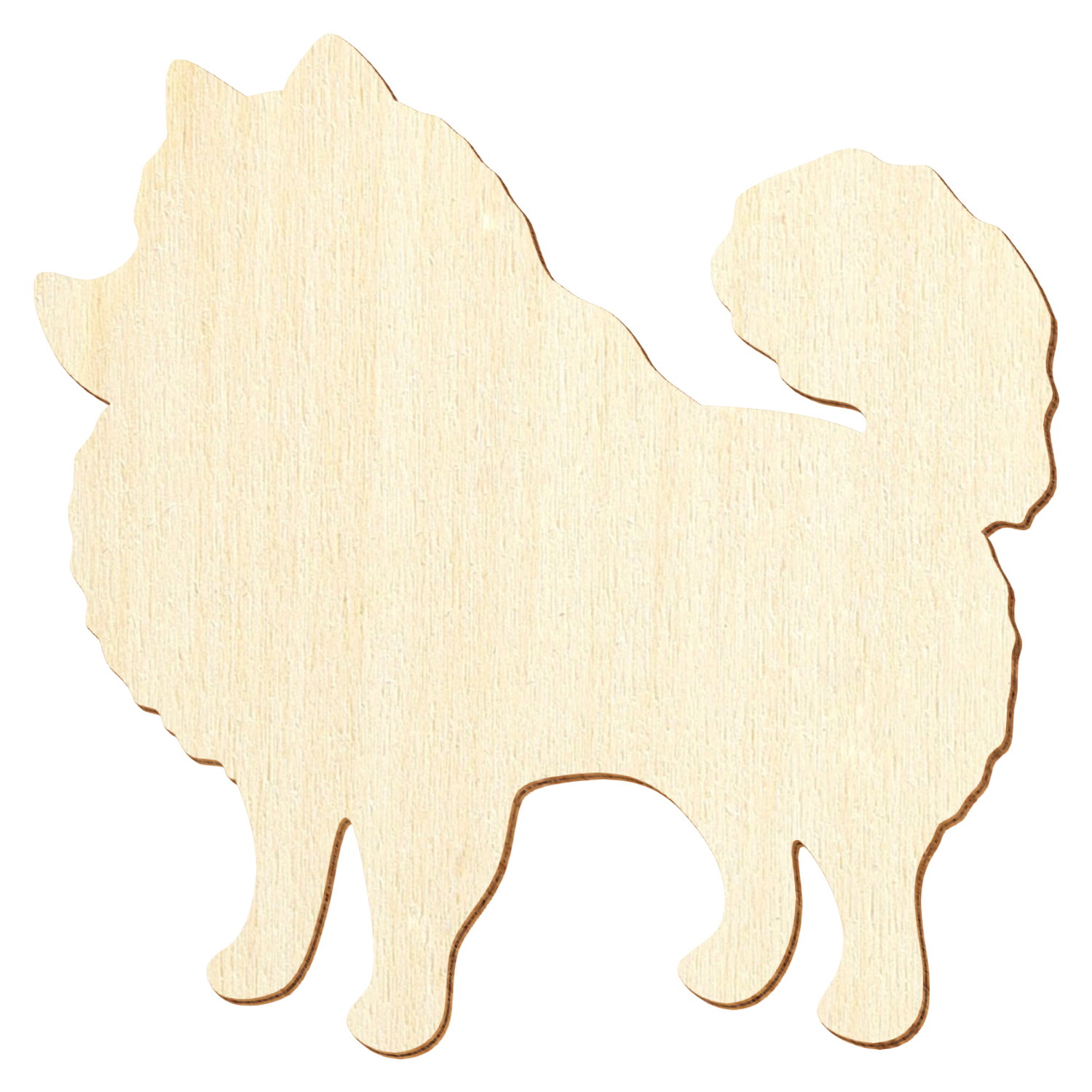 Helle Holzsilhouette eines stehenden Zwergspitzes mit geschwungenem Schwanz und fluffigem Fell, lasergravierter Umriss auf hellem Birkensperrholz