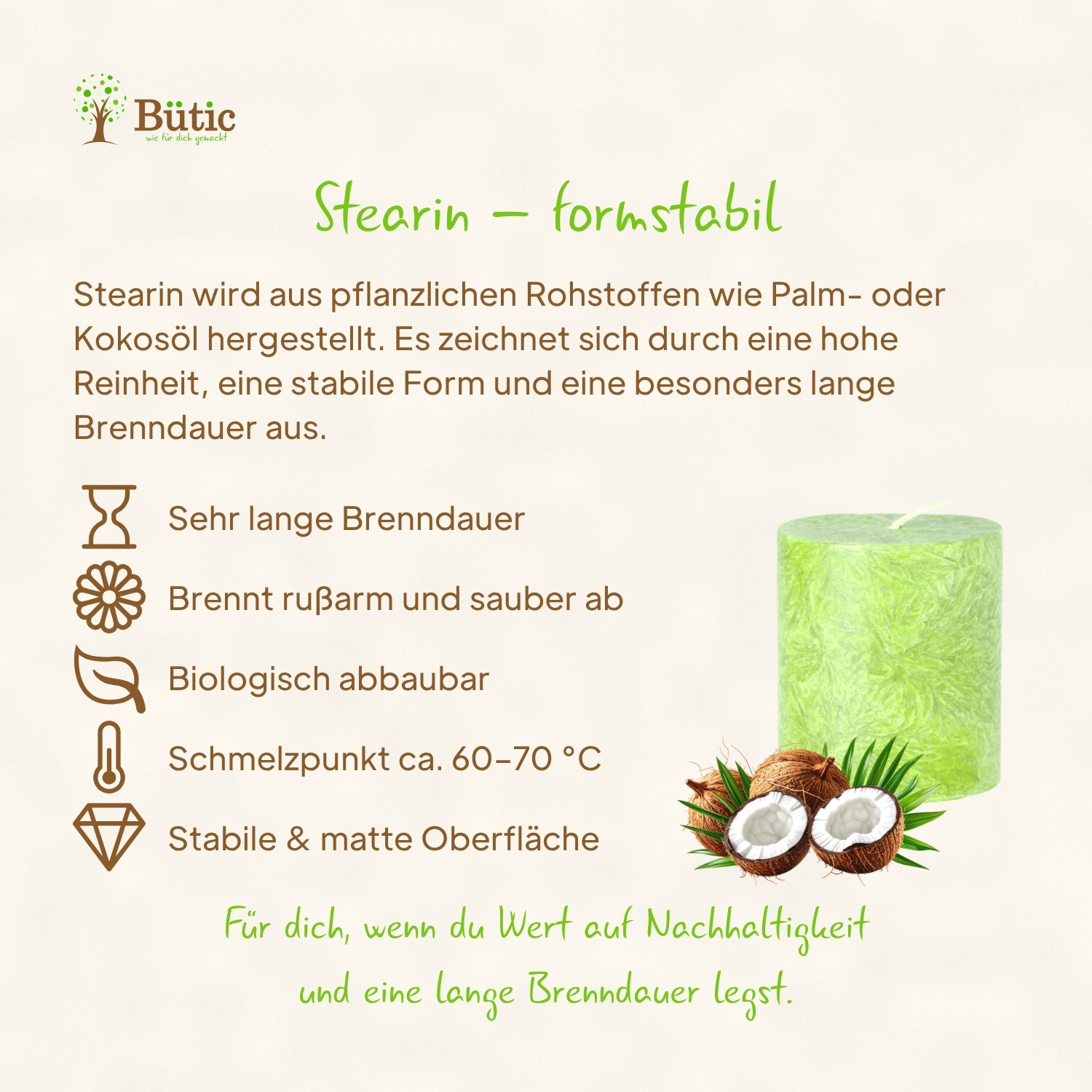 Infografik zu Stearin-Stumpenkerzen von Bütic: Eigenschaften wie lange Brenndauer, rußarmes Abbrennen und biologische Abbaubarkeit, daneben eine grüne Stearin-Stumpenkerze mit Kokosnüssen