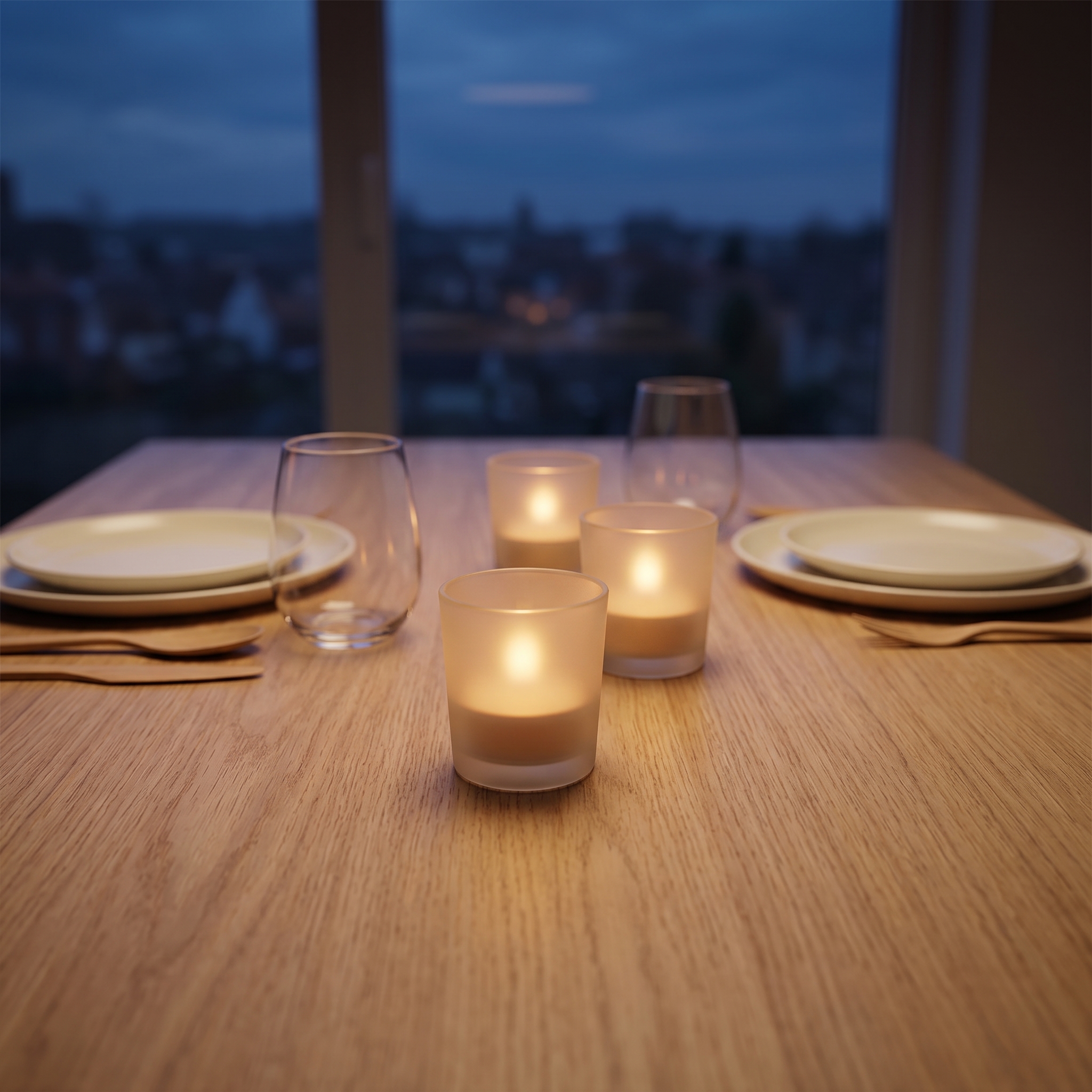 Drei gefrostete Votivgläser mit brennenden Teelichtern auf einem Holzesstisch, flankiert von Tellern, Servietten und Gläsern, abendliche Stadtkulisse im Hintergrund