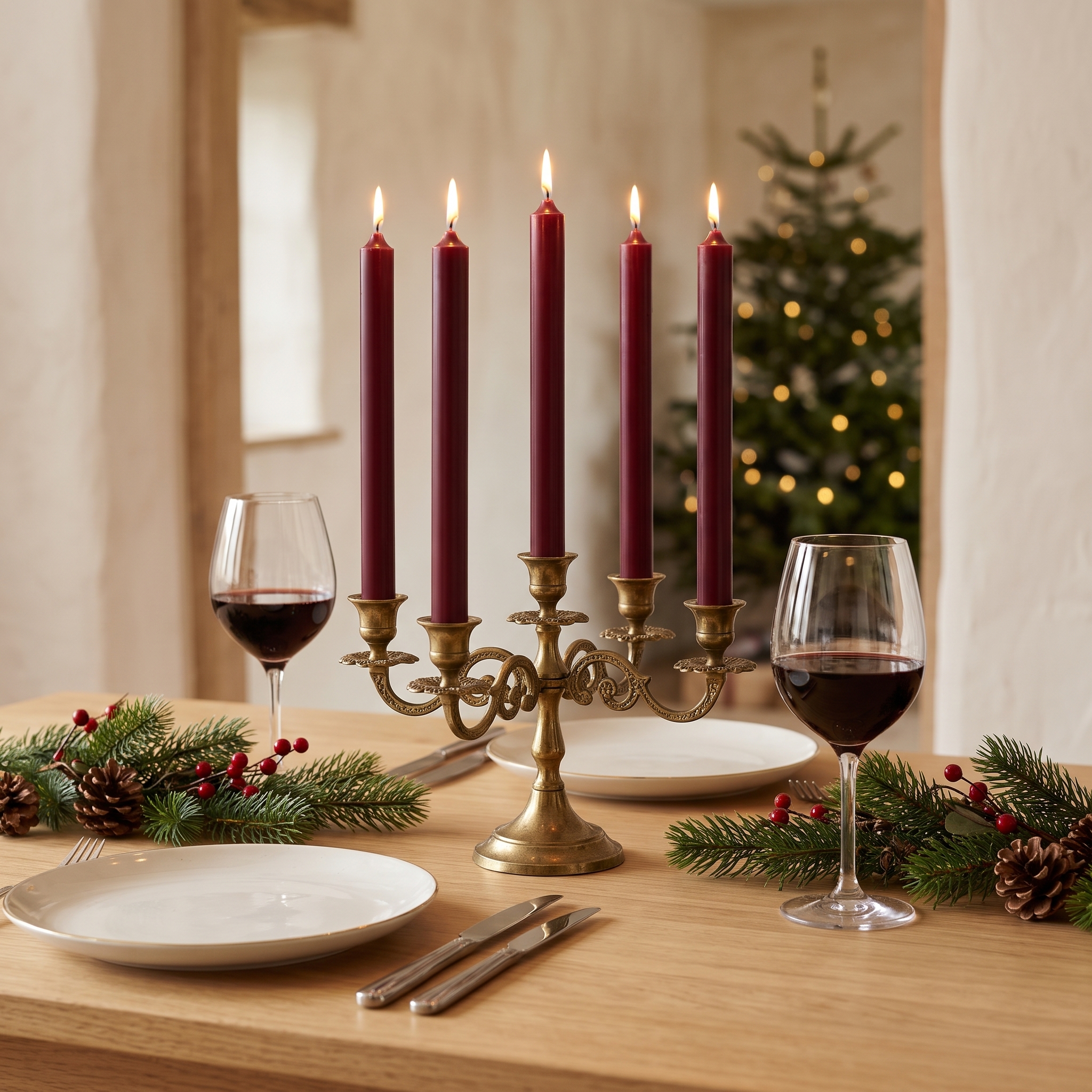Fünf dunkelrote Stabkerzen (22 mm) brennend in goldenem Fünfarmigem Kerzenleuchter auf weihnachtlich gedecktem Holztisch mit Tannenzweigen, Zapfen, roten Beeren und Rotweingläsern, beleuchtet von einem Weihnachtsbaum im Hintergrund.