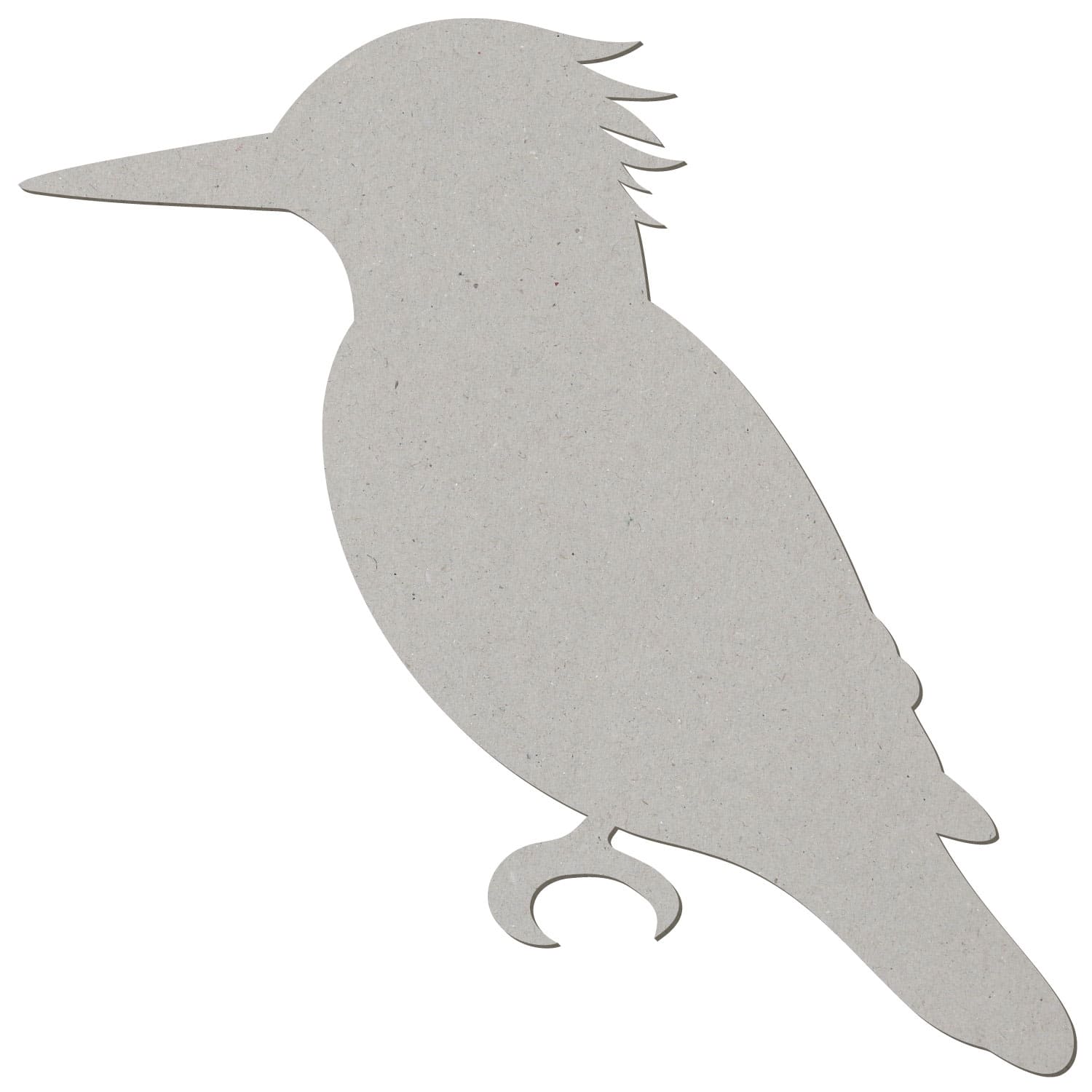 Eisvogel-Silhouette als grauer Pappe-Zuschnitt mit spitzem Schnabel, Haube, Schwanz und Kralle