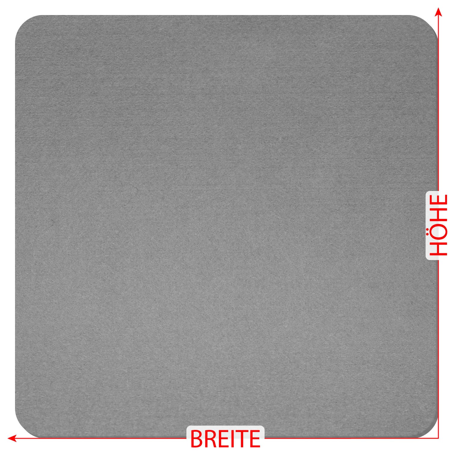 Grauer Filz-Zuschnitt in quadratischer Form mit abgerundeten Ecken, mit roten Maßpfeilen für Breite und Höhe beschriftet