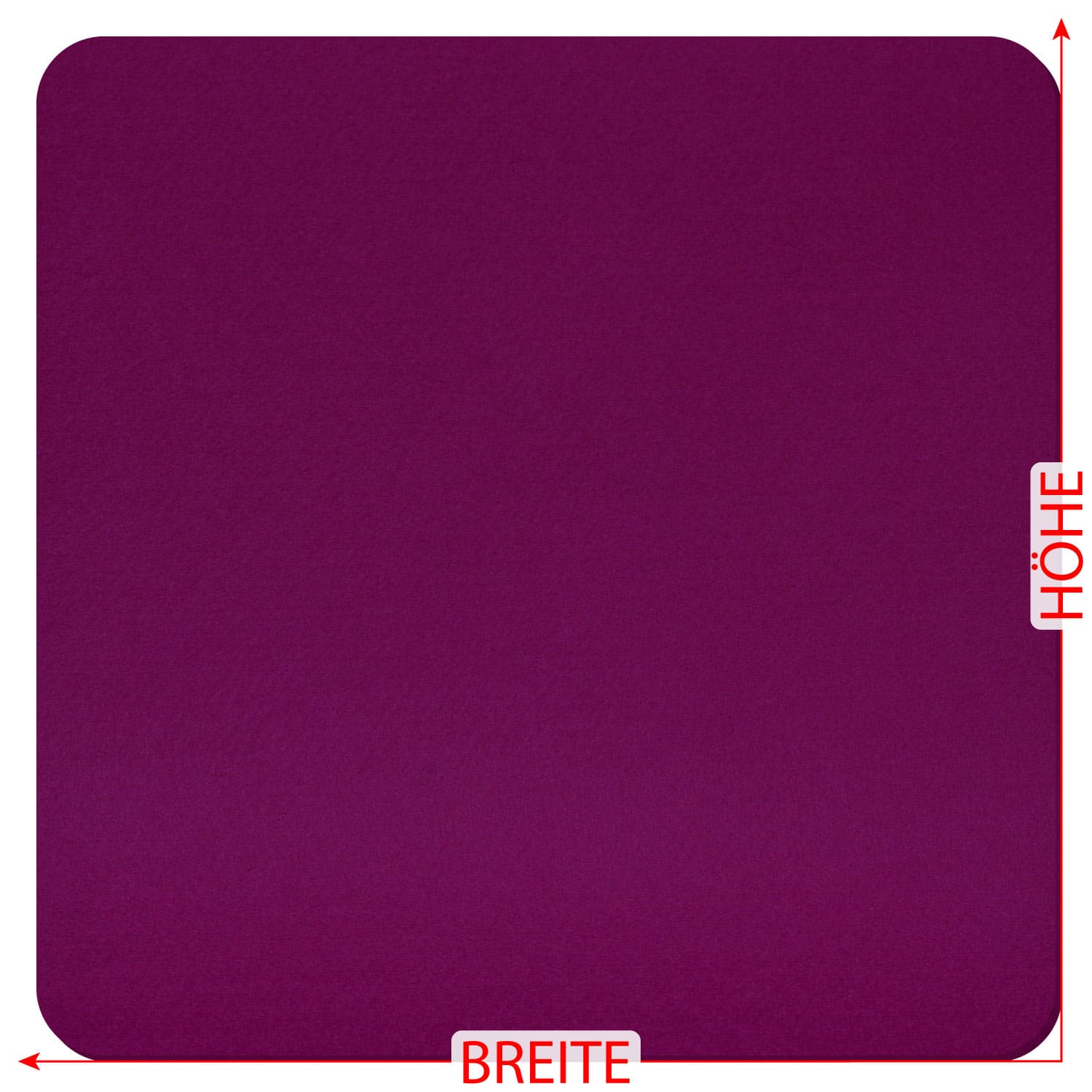 Quadratischer Filz-Zuschnitt in Aubergine mit abgerundeten Ecken, rote Maßpfeile zeigen Breite und Höhe