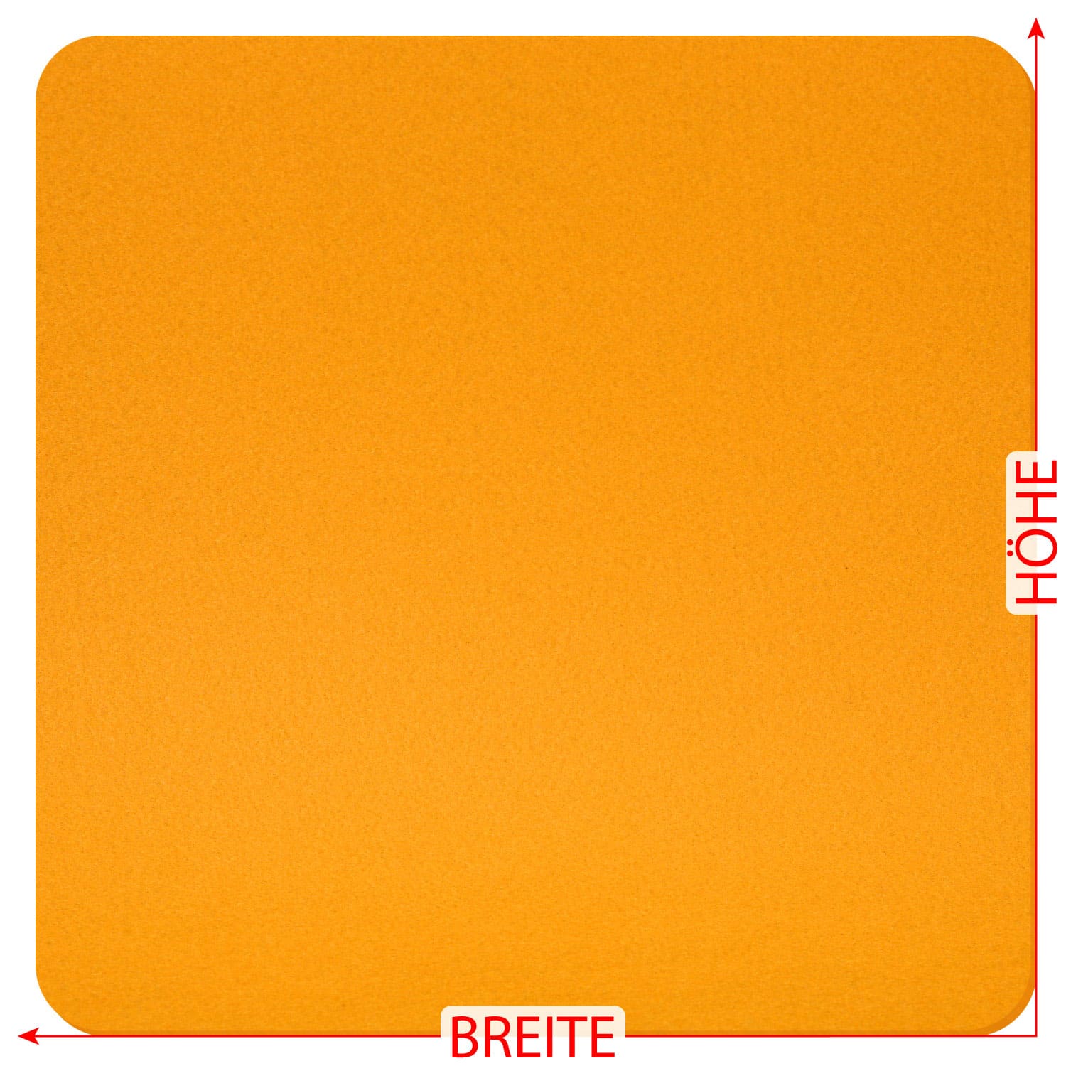 Orangegelber quadratischer Filzzuschnitt mit abgerundeten Ecken, Beschriftung der Maße mit rotem Pfeil für Breite und Höhe