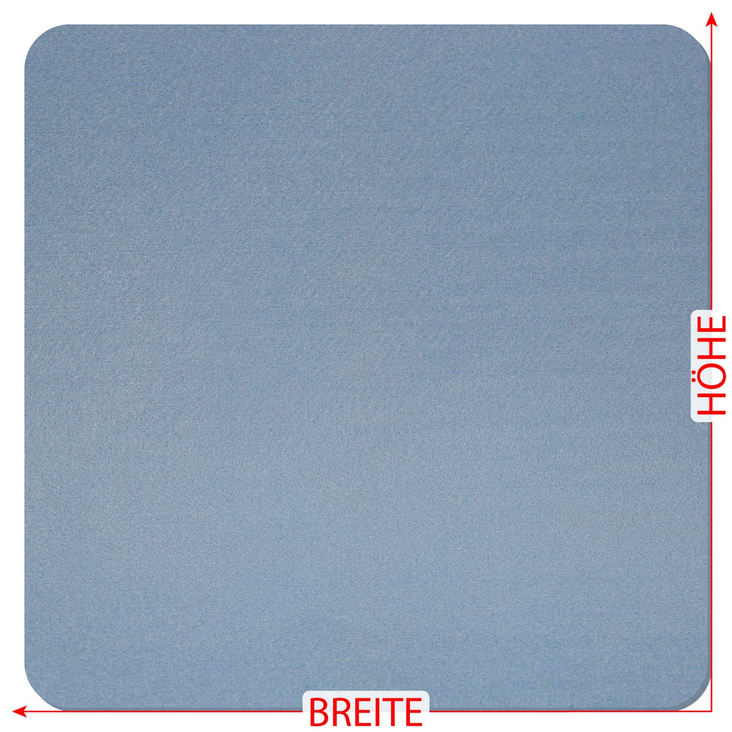Hellblauer Filzzuschnitt in quadratischer Form mit abgerundeten Ecken, mit roten Maßpfeilen für Breite und Höhe beschriftet