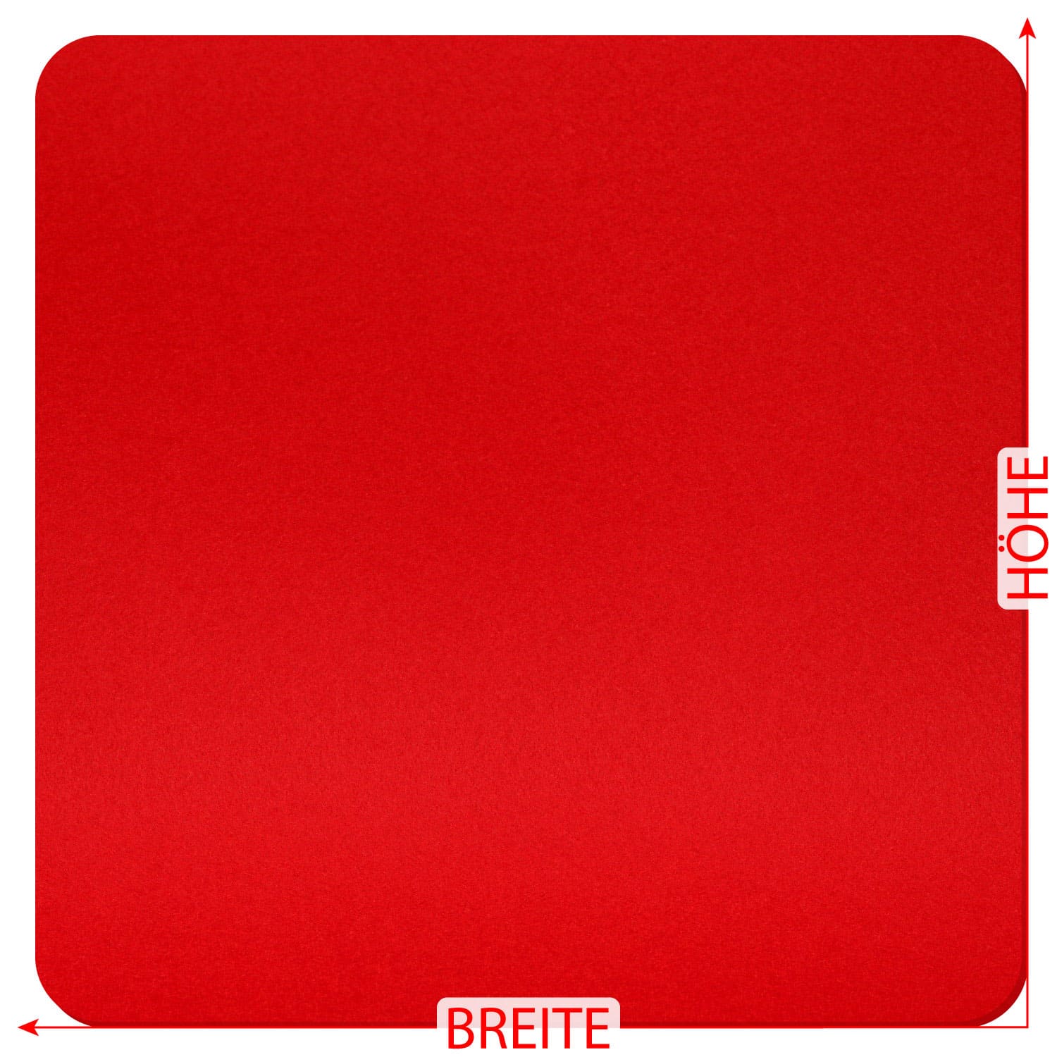 Roter quadratischer Filzzuschnitt mit abgerundeten Ecken, mit eingeblendeten Maßpfeilen für Breite und Höhe