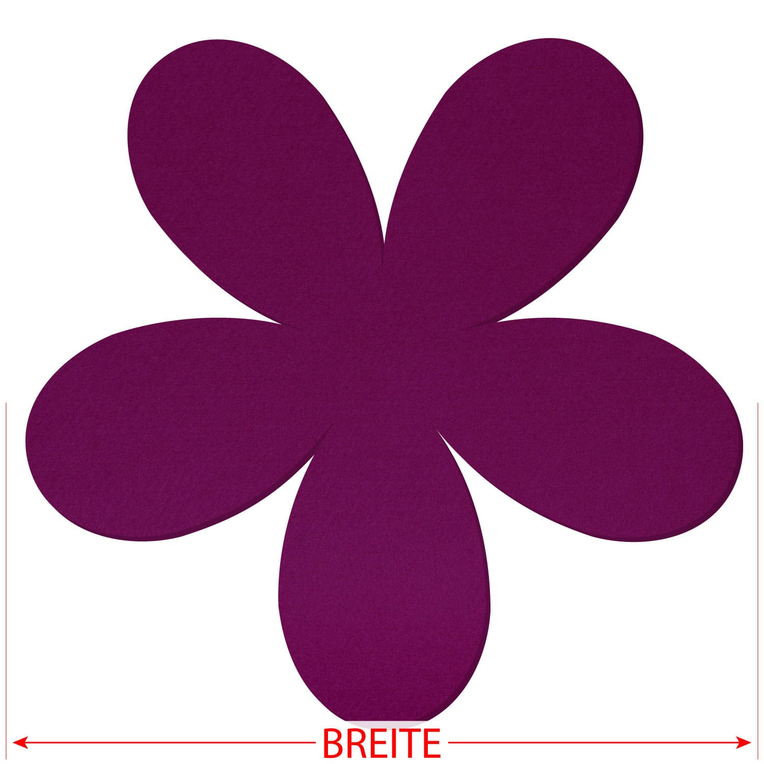 Plumeria-förmiger Filzzuschnitt in Aubergine mit fünf ovalen Blütenblättern, roter Breitenangabe-Pfeil unten