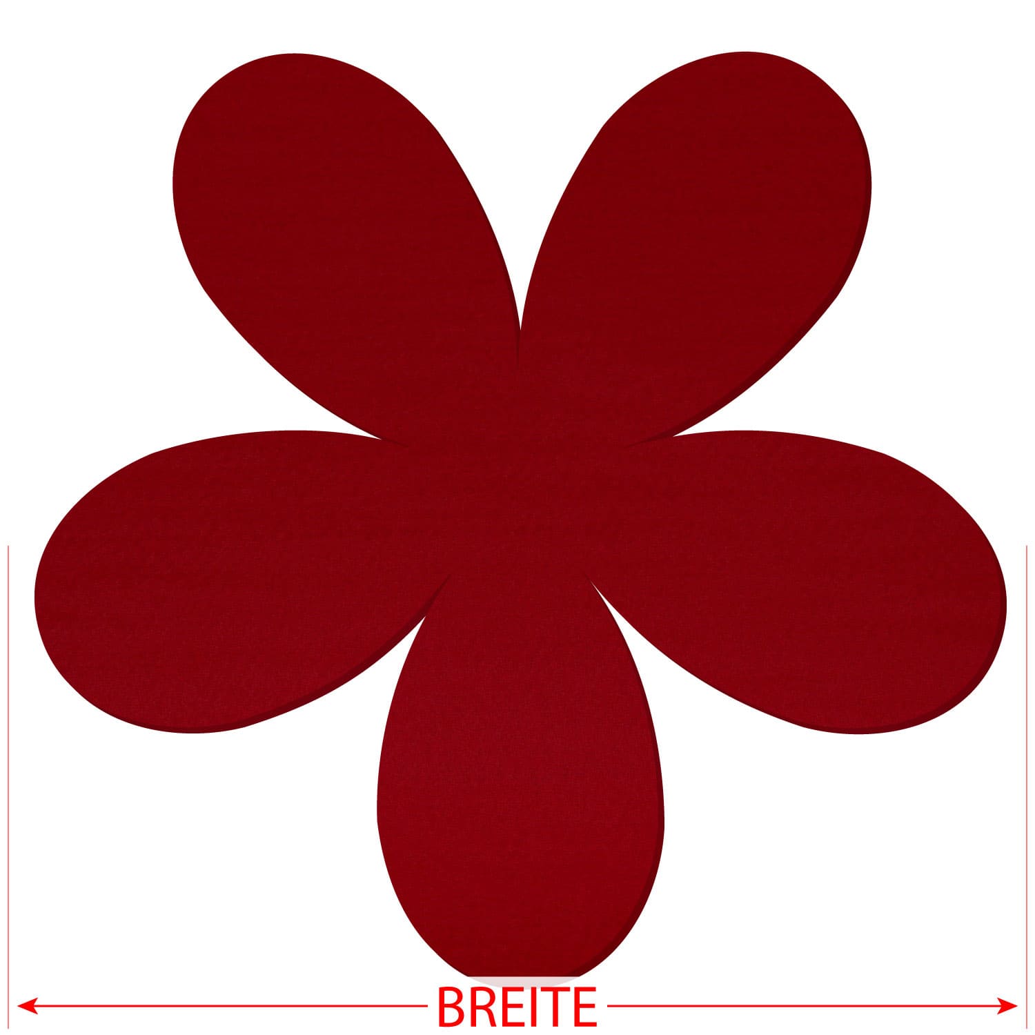 Dunkelroter Filz-Zuschnitt in Plumeria-Blütenform mit fünf ovalen Blütenblättern, Breitenangabe mit rotem Doppelpfeil unten