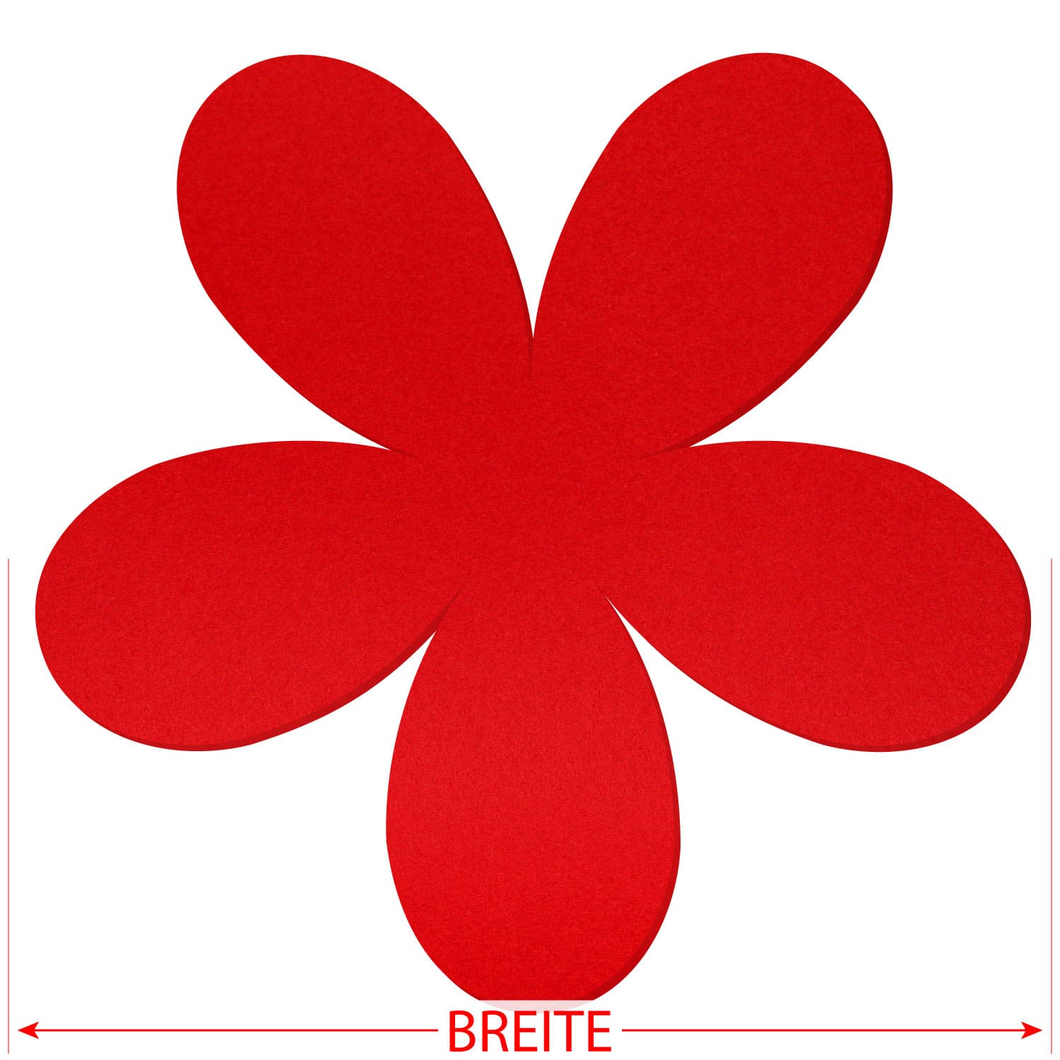 Roter Filz-Zuschnitt in Plumeria-Blütenform mit fünf ovalen Blütenblättern, Breitenangabe mit rotem Doppelpfeil unten