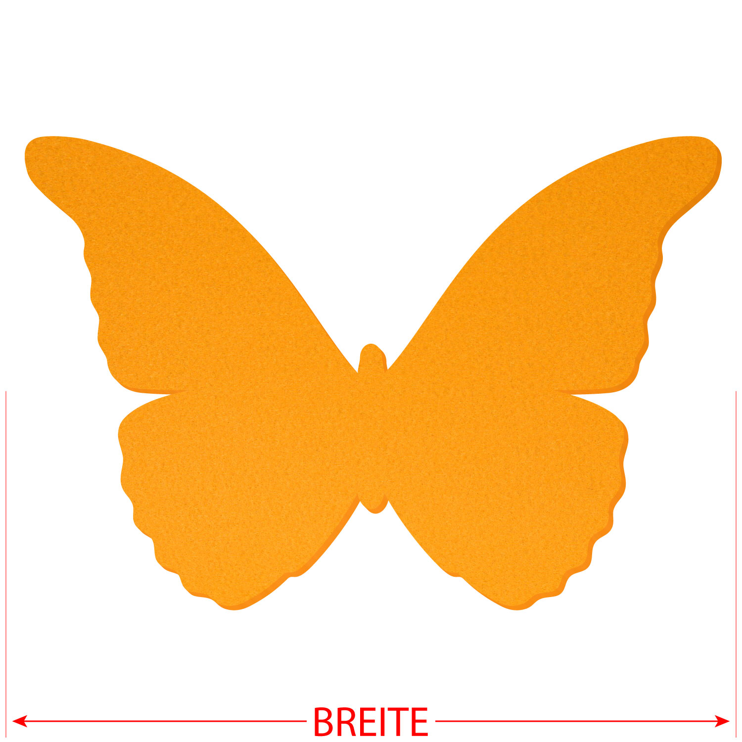 Gelber Filz-Schmetterling mit geschwungenen Flügeln und gewellten Flügelrändern, mit rotem Breitenpfeil und Beschriftung „BREITE" unten