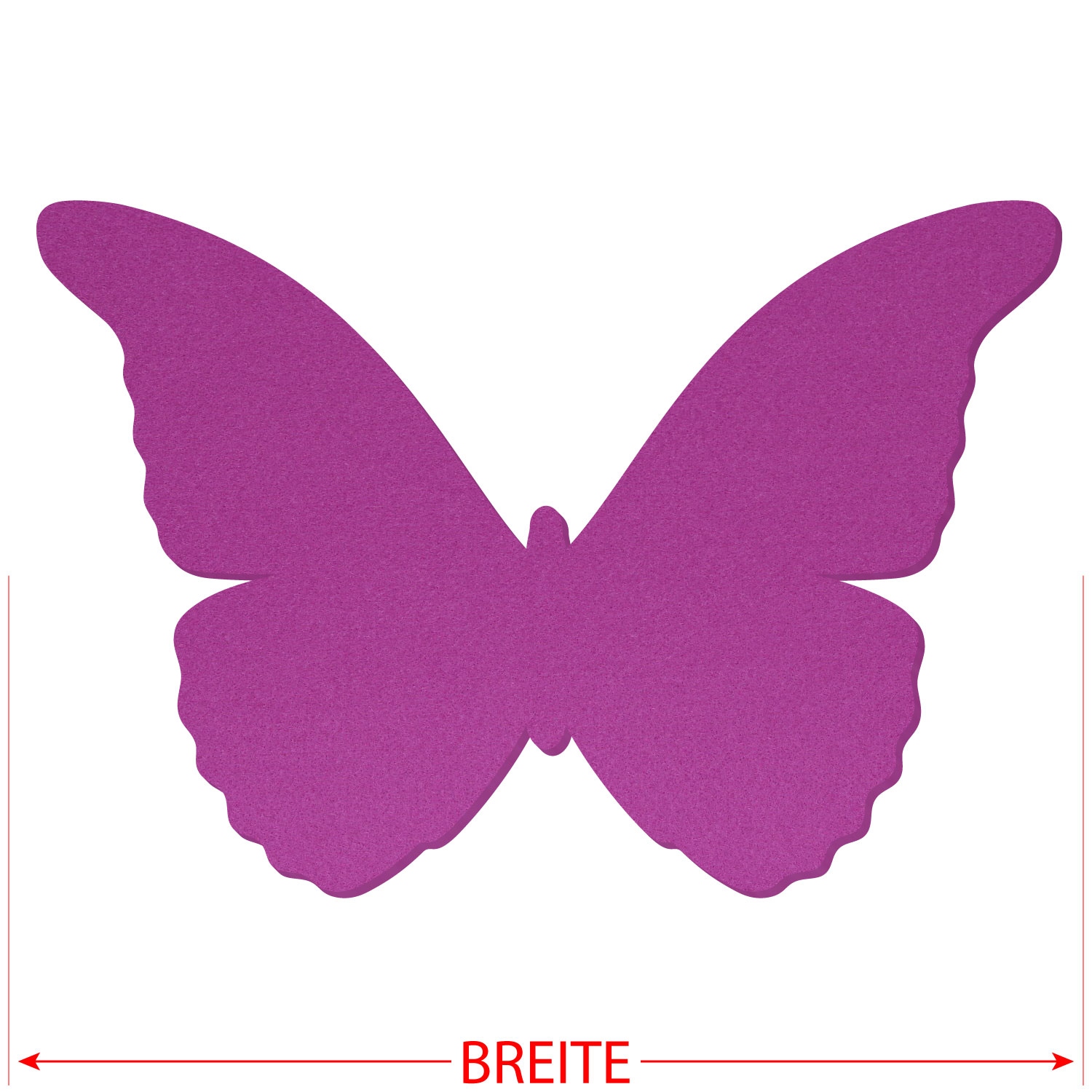 Lila Filz-Schmetterling Zuschnitt in Draufsicht mit gespreizten Flügeln und wellenförmigen Flügelrändern, roter Breitenpfeil darunter