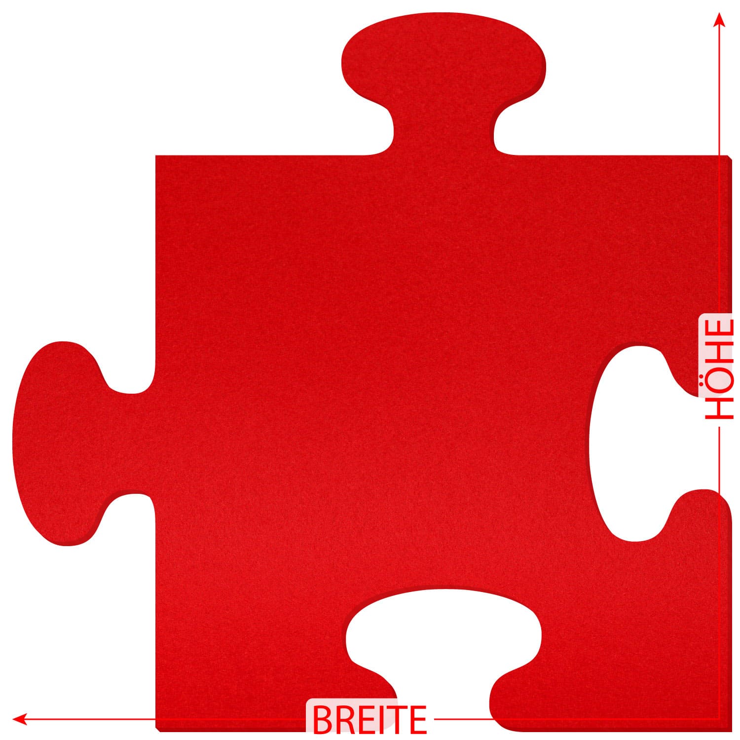 Rotes Puzzleteil aus Filz mit vier Verbindungsnoppen, beschriftet mit Maßpfeilen für Breite und Höhe auf weißem Hintergrund