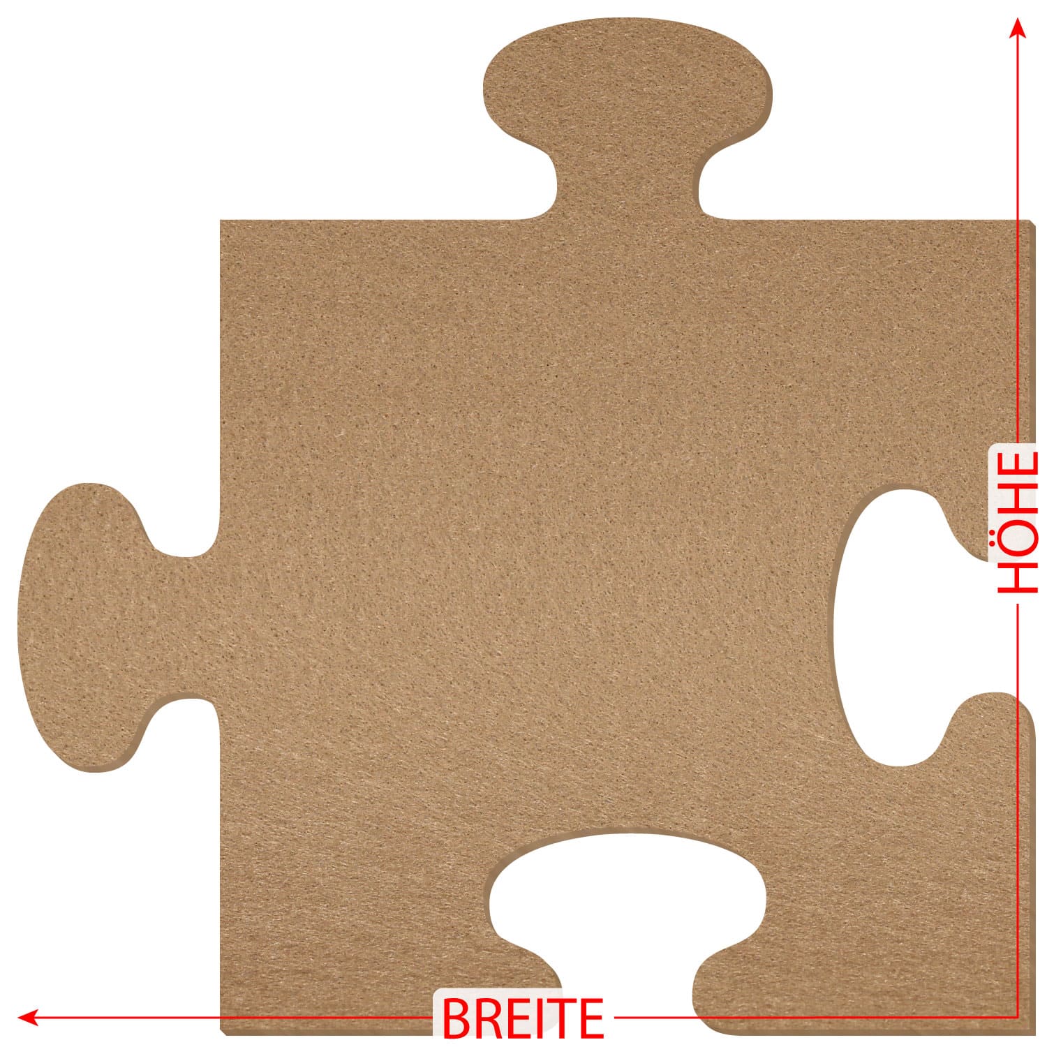 Puzzleteil-förmiger Filzzuschnitt in Schlamm-Beige mit Zapfen oben und links sowie Aussparungen rechts und unten, beschriftet mit roten Maßpfeilen für Breite und Höhe