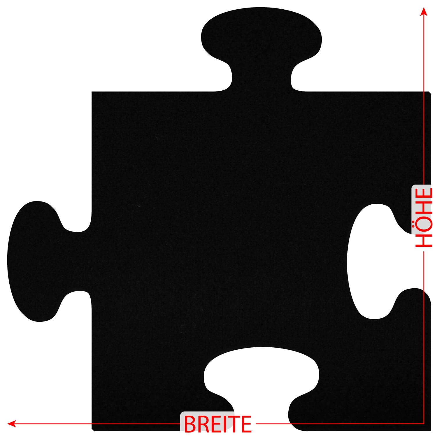 Schwarzes Puzzleteil aus Filz mit vier Verbindungsnasen, mit roten Maßpfeilen für Breite und Höhe beschriftet