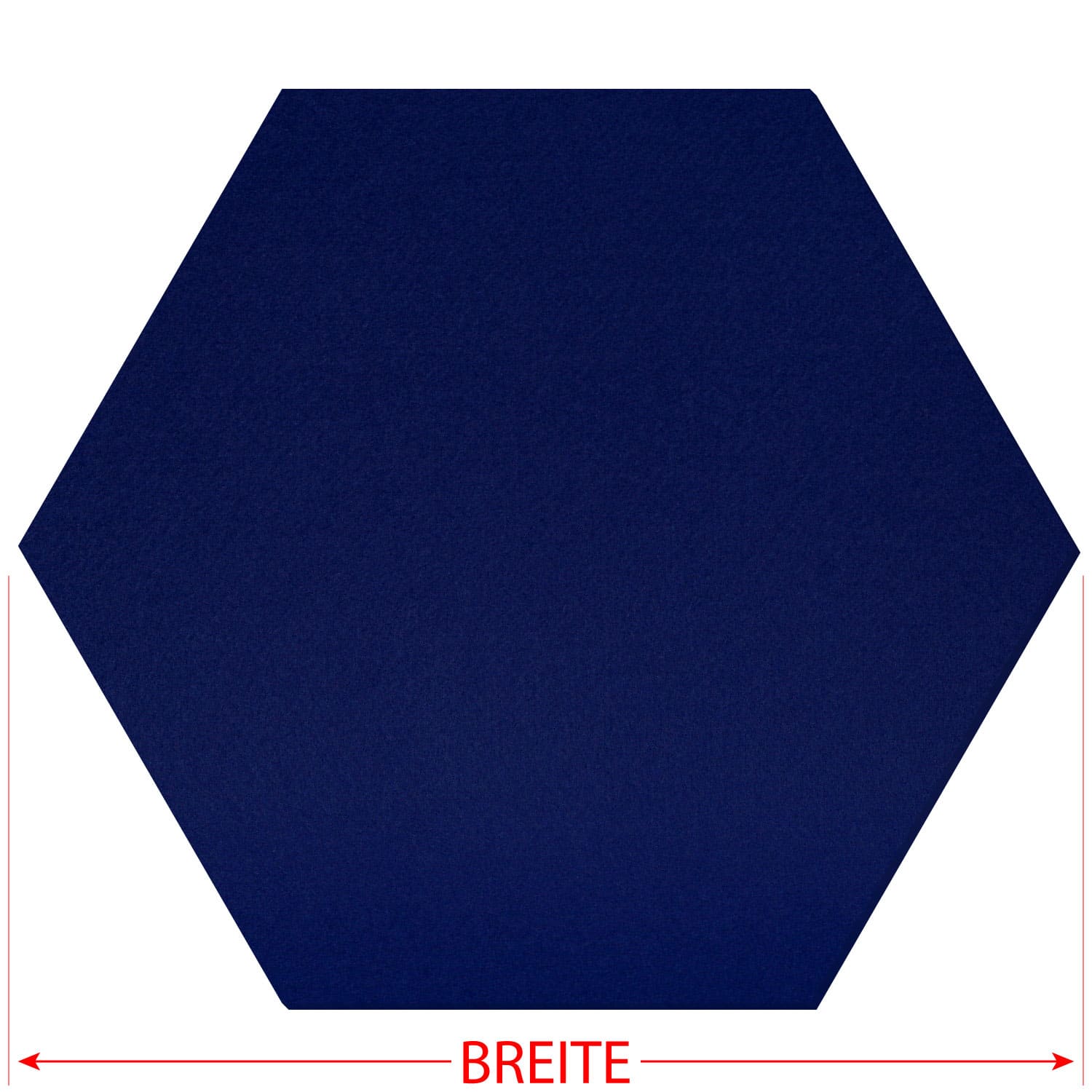 Dunkelblauer Filz-Zuschnitt in Sechseck-Form (Hexagon) mit rotem Breitenmaß-Pfeil und Beschriftung „BREITE