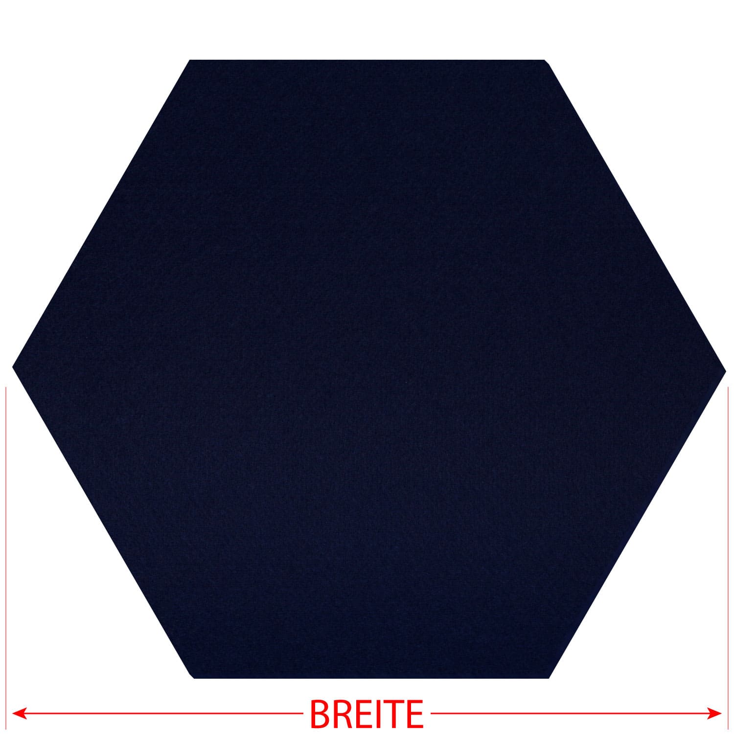 Dunkelblauer Filz-Zuschnitt in sechseckiger Hexagon-Form mit rotem Breitenmaßpfeil