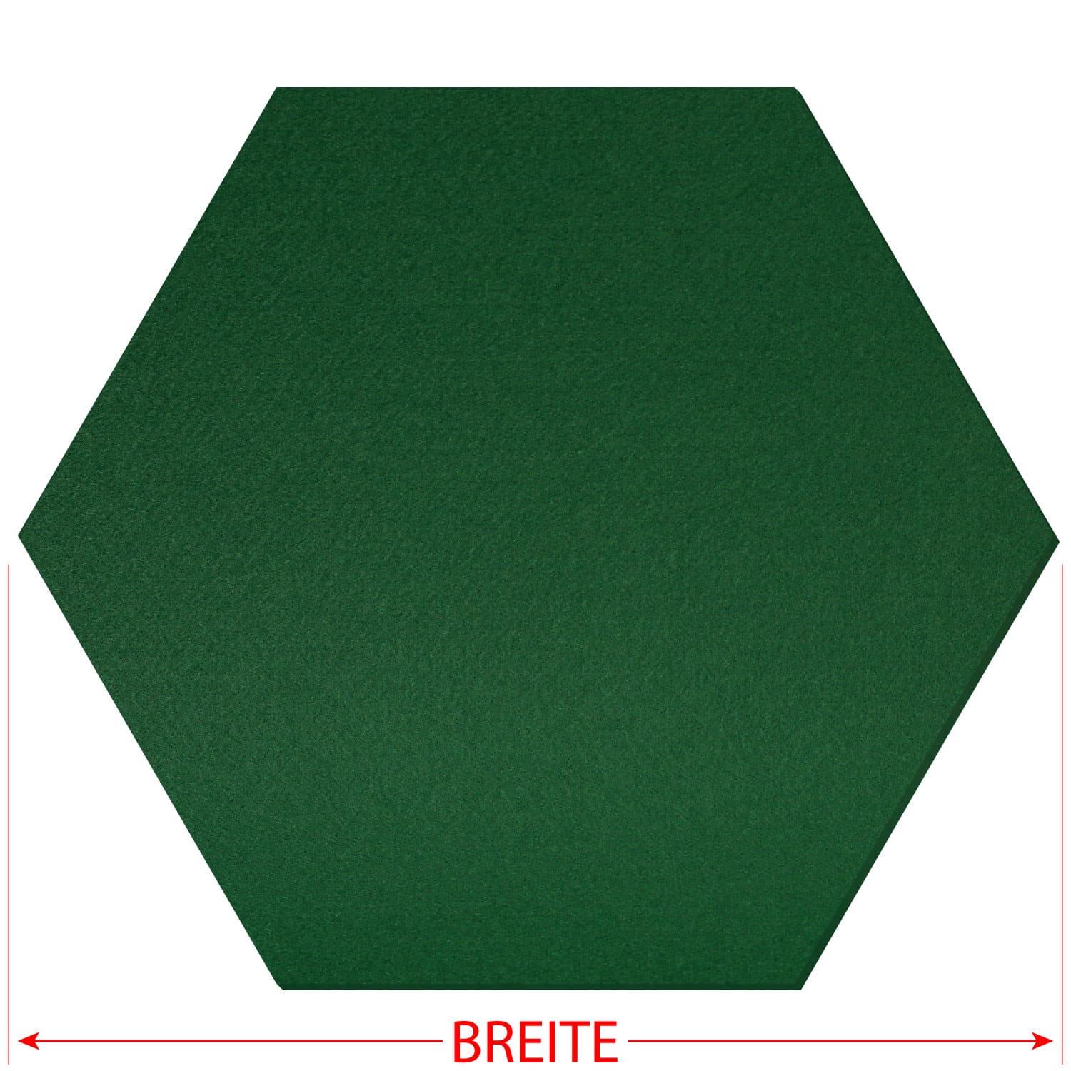 Dunkelgrüner Filz-Zuschnitt in sechseckiger Hexagon-Form mit rotem Breitenpfeil und Beschriftung unten