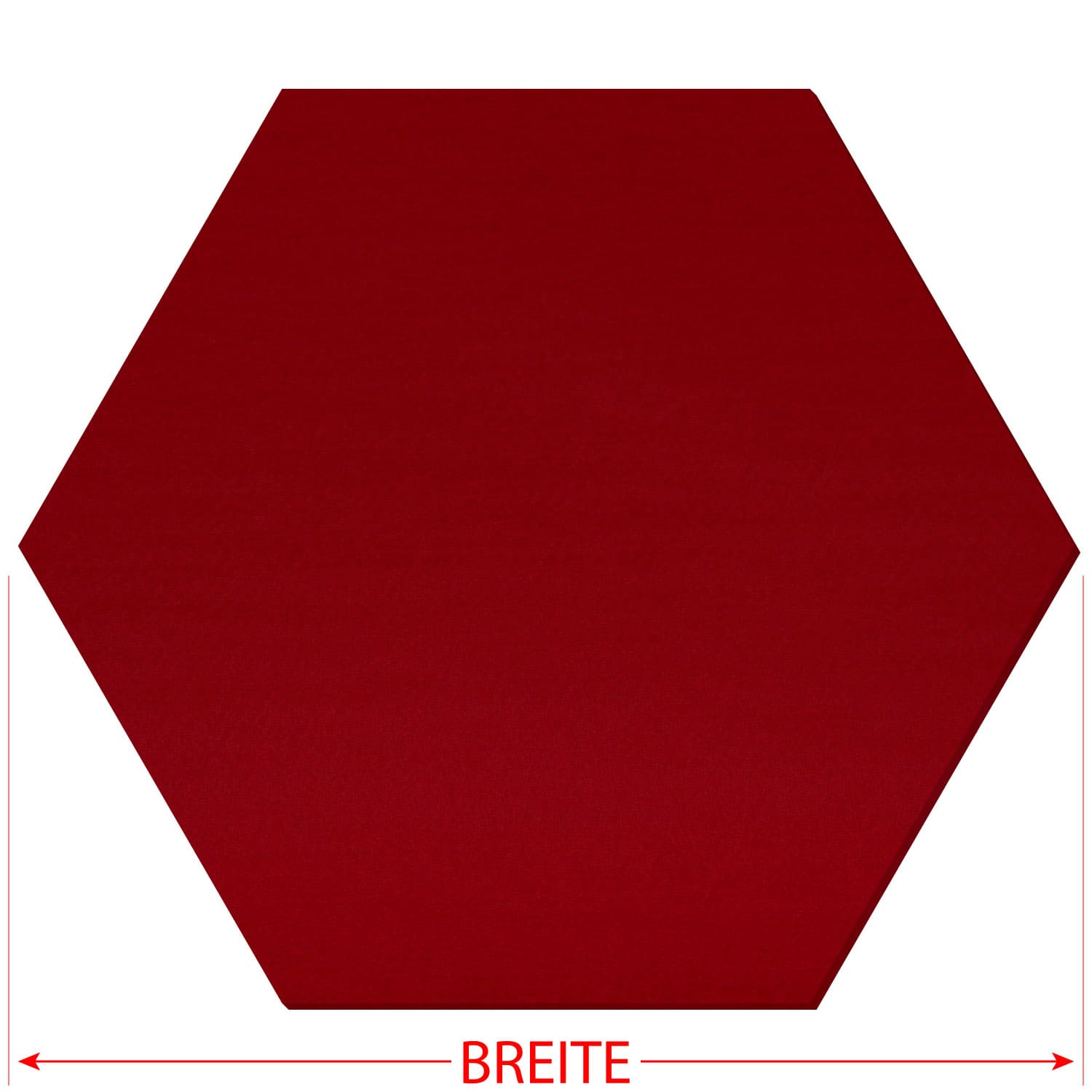 Dunkelroter Filz-Zuschnitt in sechseckiger Hexagon-Form mit rotem Breitenmaßpfeil am unteren Rand