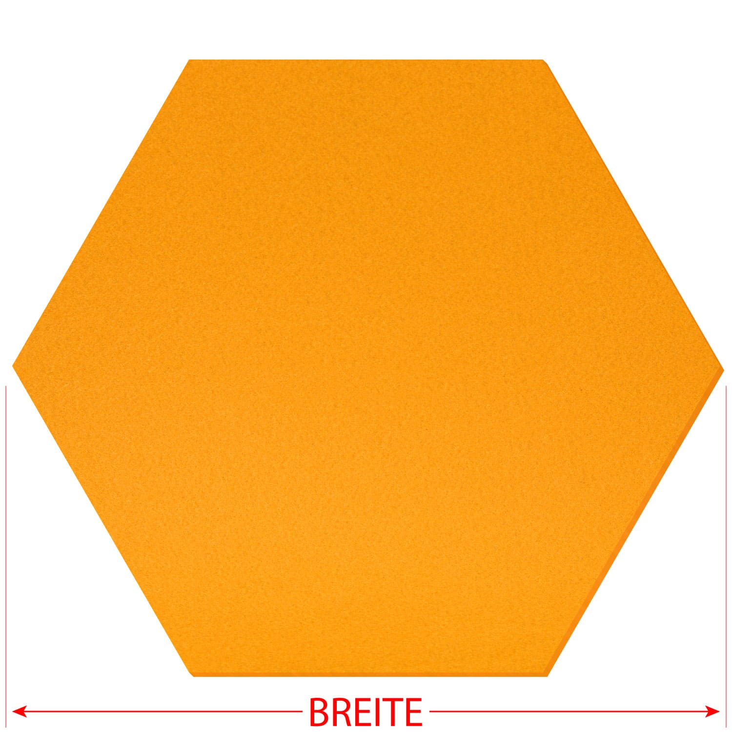 Orangegelber Filz-Zuschnitt in Hexagon-Form mit rotem Breitenmaßpfeil unten