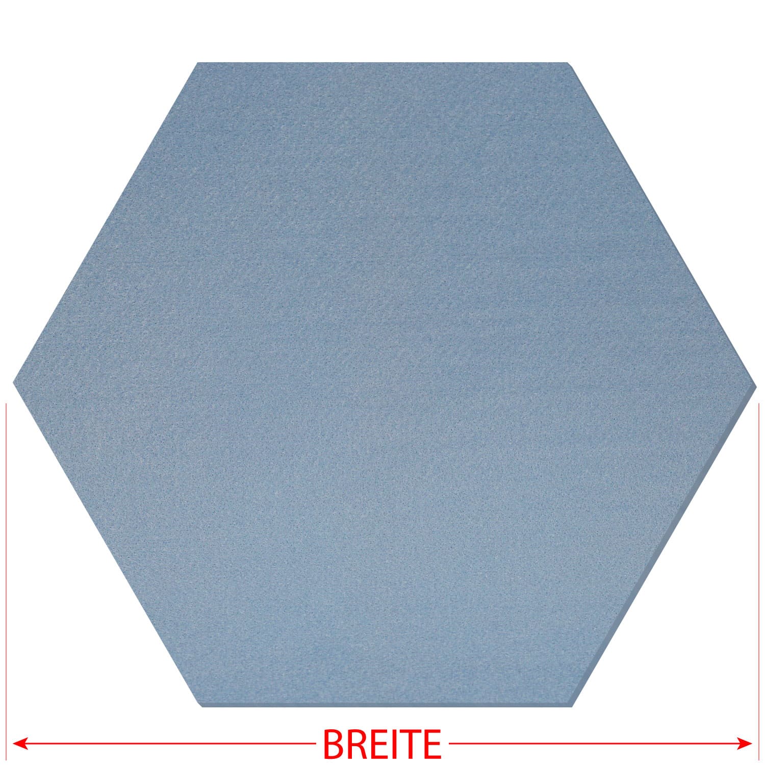 Hellblauer Filz-Zuschnitt in sechseckiger Hexagon-Form mit rotem Breitenmaß-Pfeil unterhalb