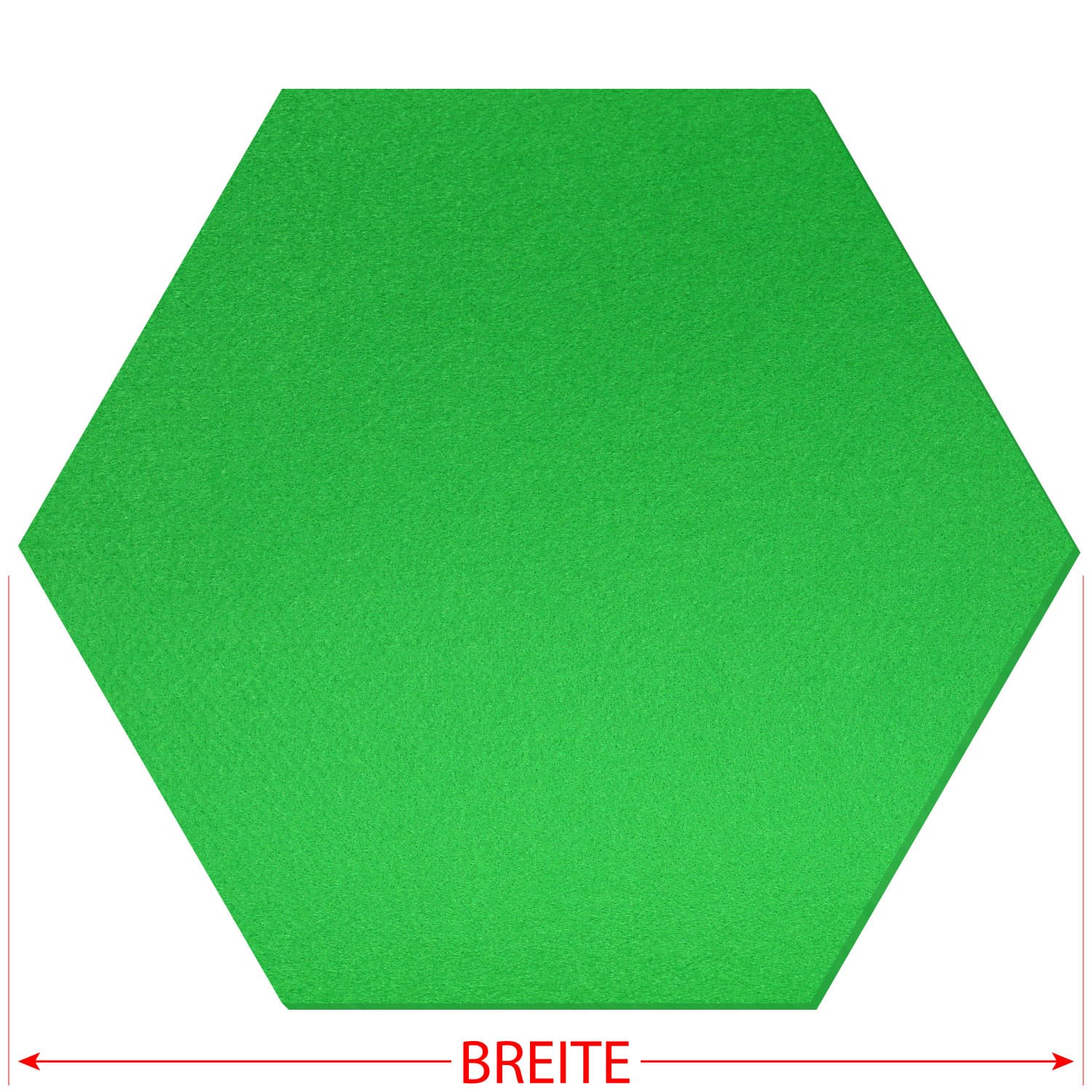 Sechseckiger Filz-Zuschnitt in Hellgrün mit gleichmäßiger Textur, Draufsicht auf weißem Hintergrund, roter Doppelpfeil mit Beschriftung „Breite" zeigt die Gesamtbreite des Hexagons an