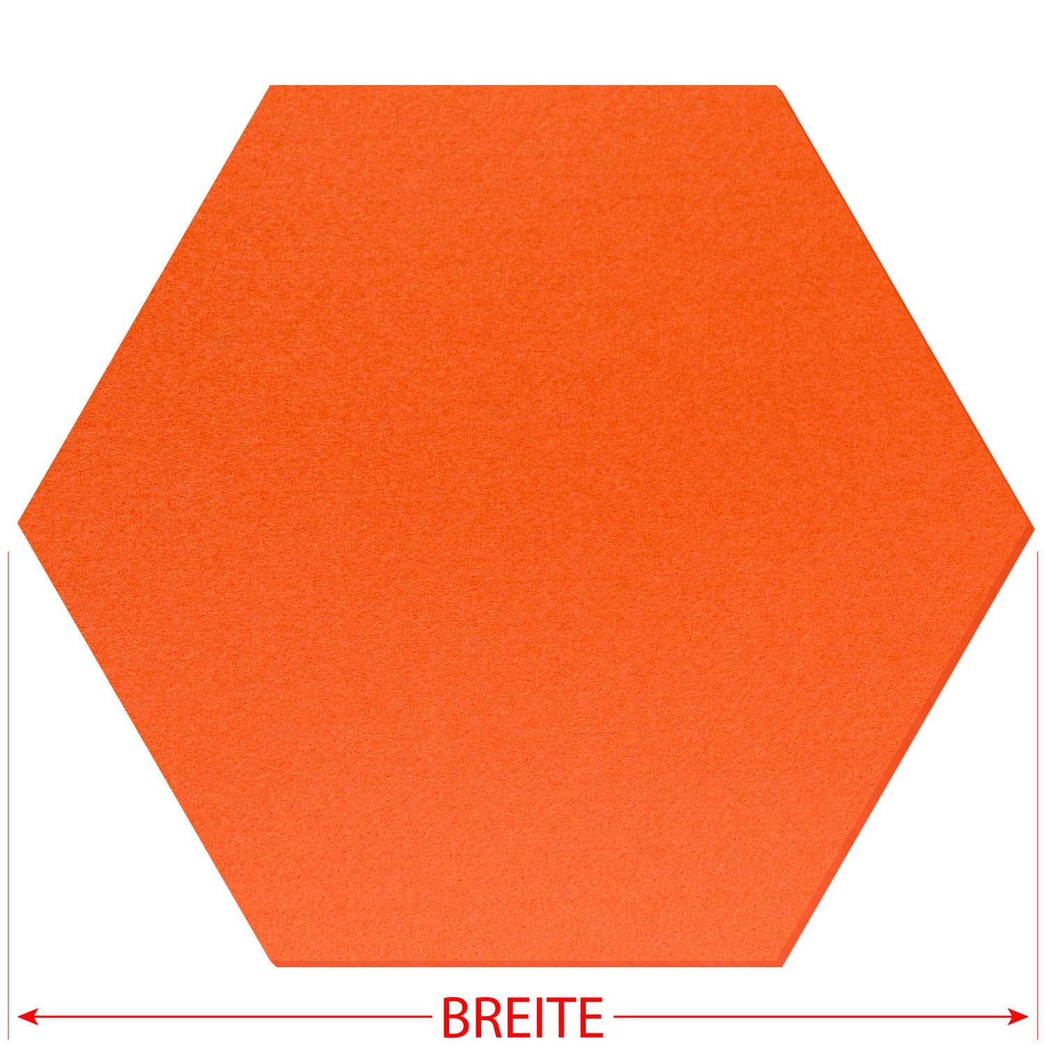 Orangefarbener Filz-Zuschnitt in sechseckiger Hexagon-Form mit rotem Doppelpfeil und Beschriftung „Breite" unterhalb des Zuschnitts
