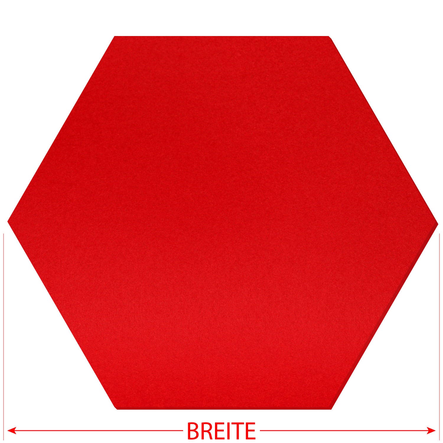 Roter Filz-Zuschnitt in sechseckiger Hexagon-Form mit Breitenangabe als Maßpfeil