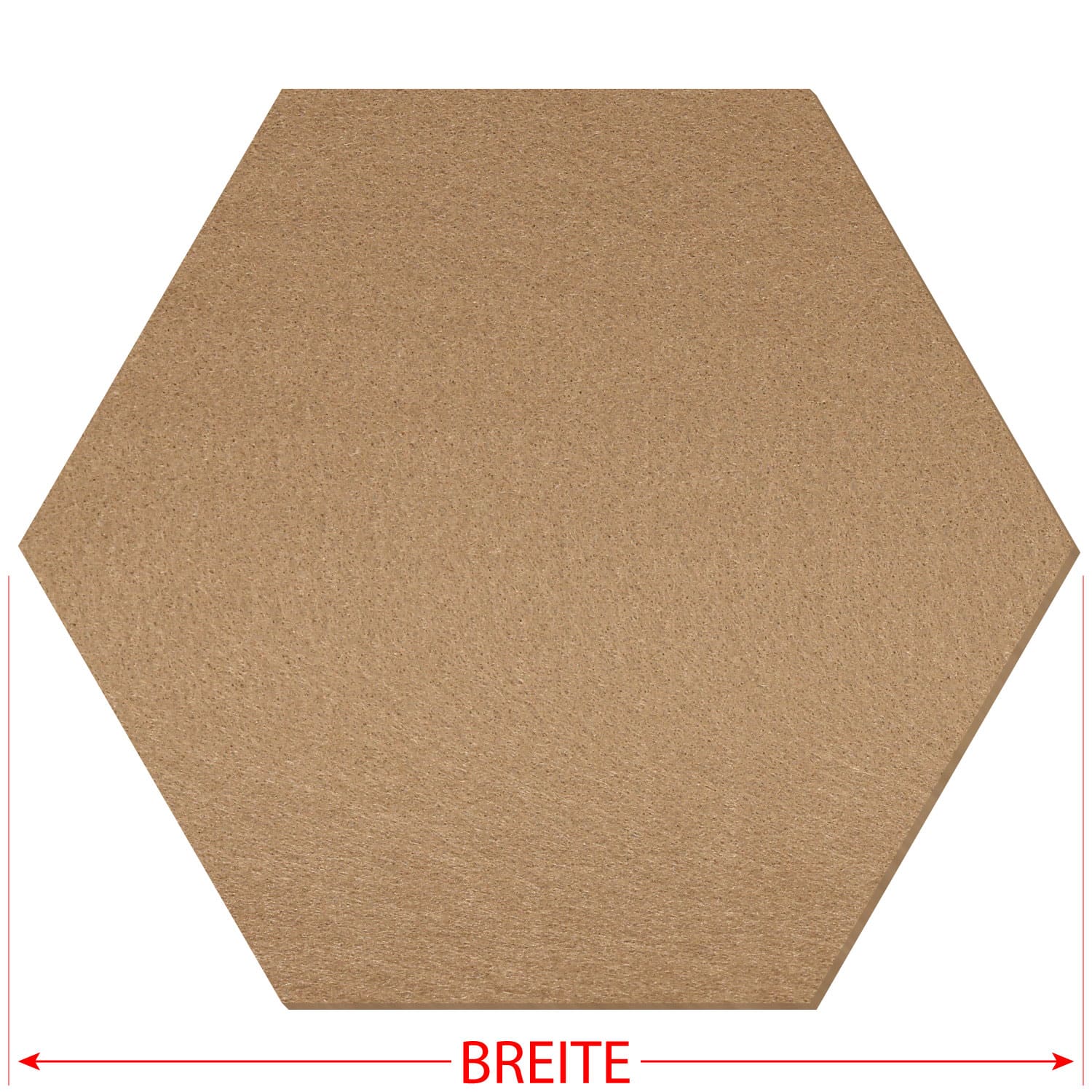 Sechseckiger Filzzuschnitt in Schlamm-Beige mit gleichmäßiger, matter Oberfläche und roter Breitenangabe als Maßpfeil unten