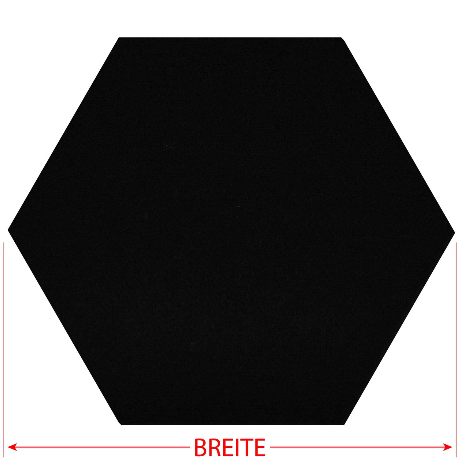Schwarzer Filz-Zuschnitt in Hexagon-Form auf weißem Hintergrund, mit rotem Doppelpfeil und Beschriftung „Breite" zur Maßangabe der Gesamtbreite