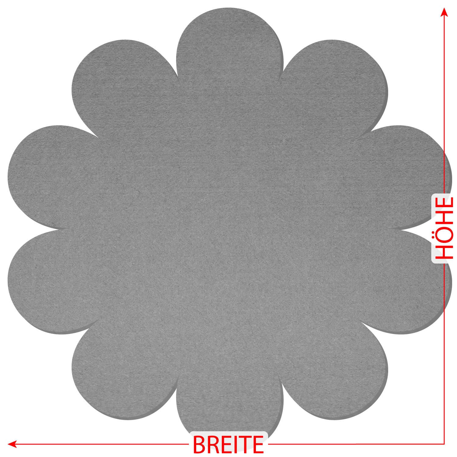 Grauer Filz-Untersetzer in Blumenform mit zwölf runden Blütenblättern, mit roten Maßpfeilen für Breite und Höhe