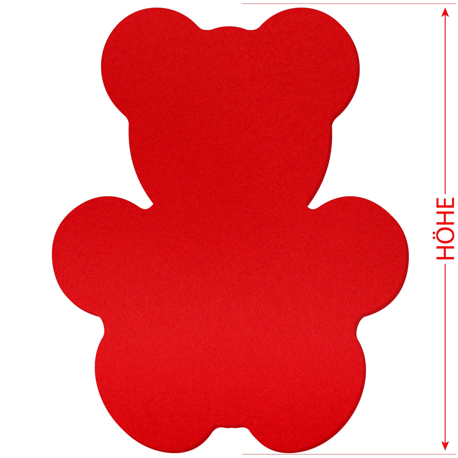 Roter Filz-Zuschnitt in Teddybär-Silhouette mit Höhenmaßangabe (roter Doppelpfeil mit Beschriftung „HÖHE") auf weißem Hintergrund
