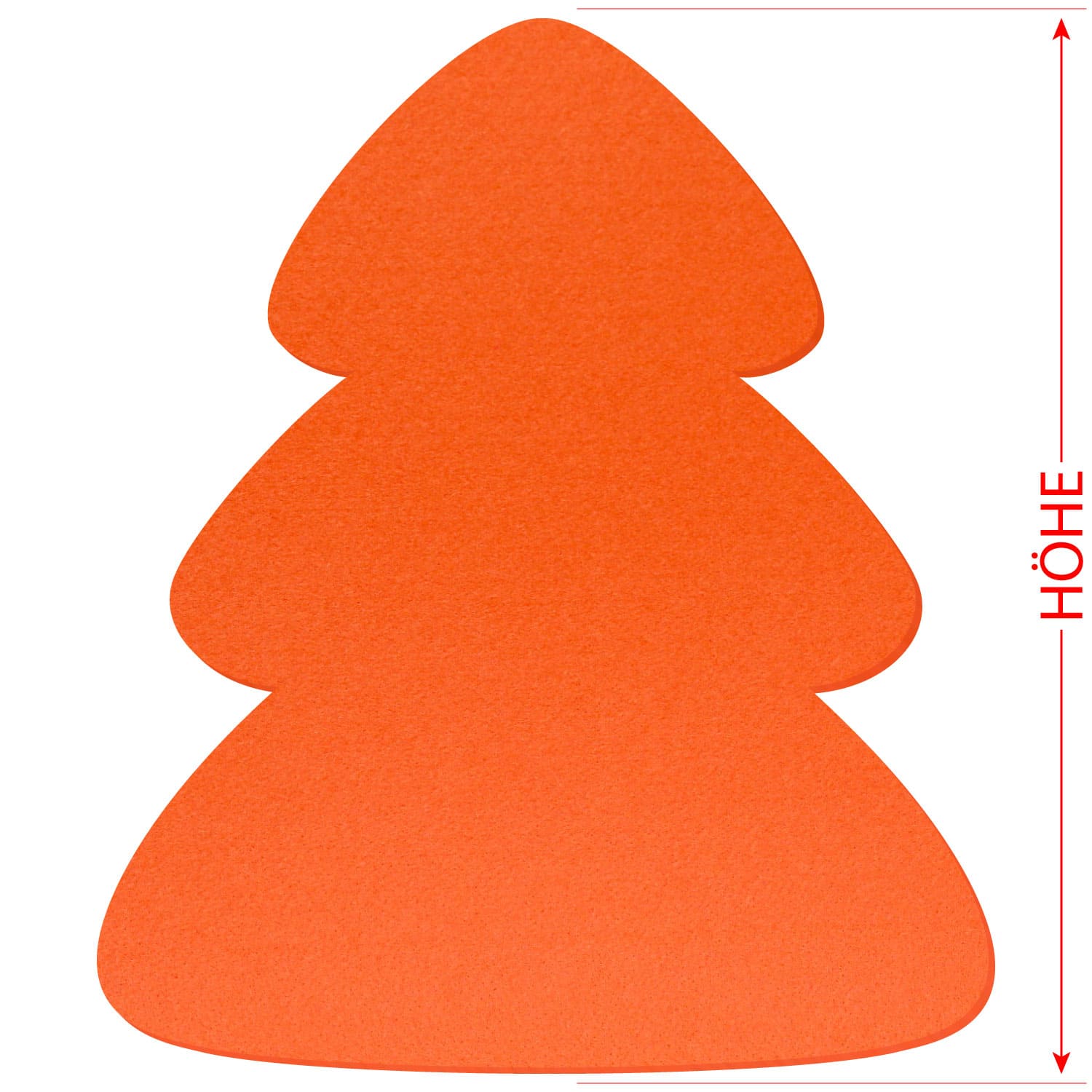 Orangefarbener Filz-Zuschnitt in Tannenbaum-Form mit drei Etagen, weißem Hintergrund und rotem Höhenpfeil rechts
