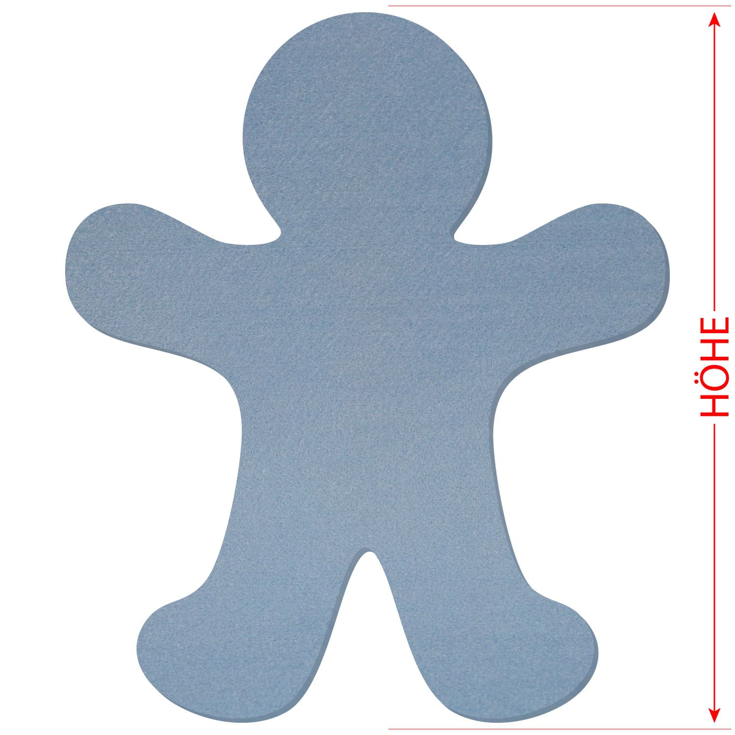 Hellblauer Filz-Zuschnitt in Lebkuchenmann-Form mit rundem Kopf, ausgestreckten Armen und Beinen, mit roter Höhenmarkierung rechts
