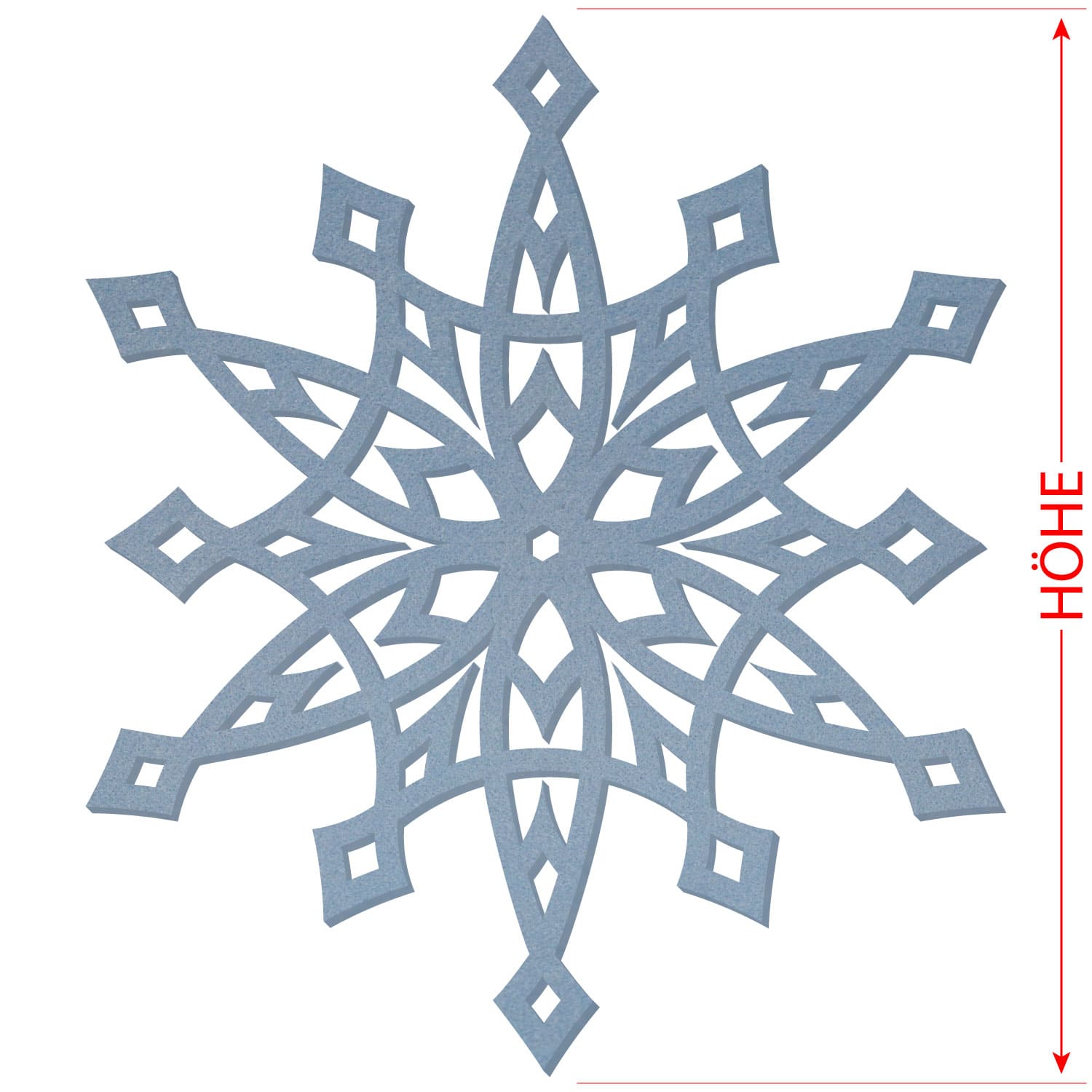 Hellblauer Filz-Zuschnitt in Stern-Form mit symmetrischem Schneeflocken-Muster, Rautenausschnitten und acht Zacken, mit roter Doppelpfeil-Linie zur Kennzeichnung der Höhe.